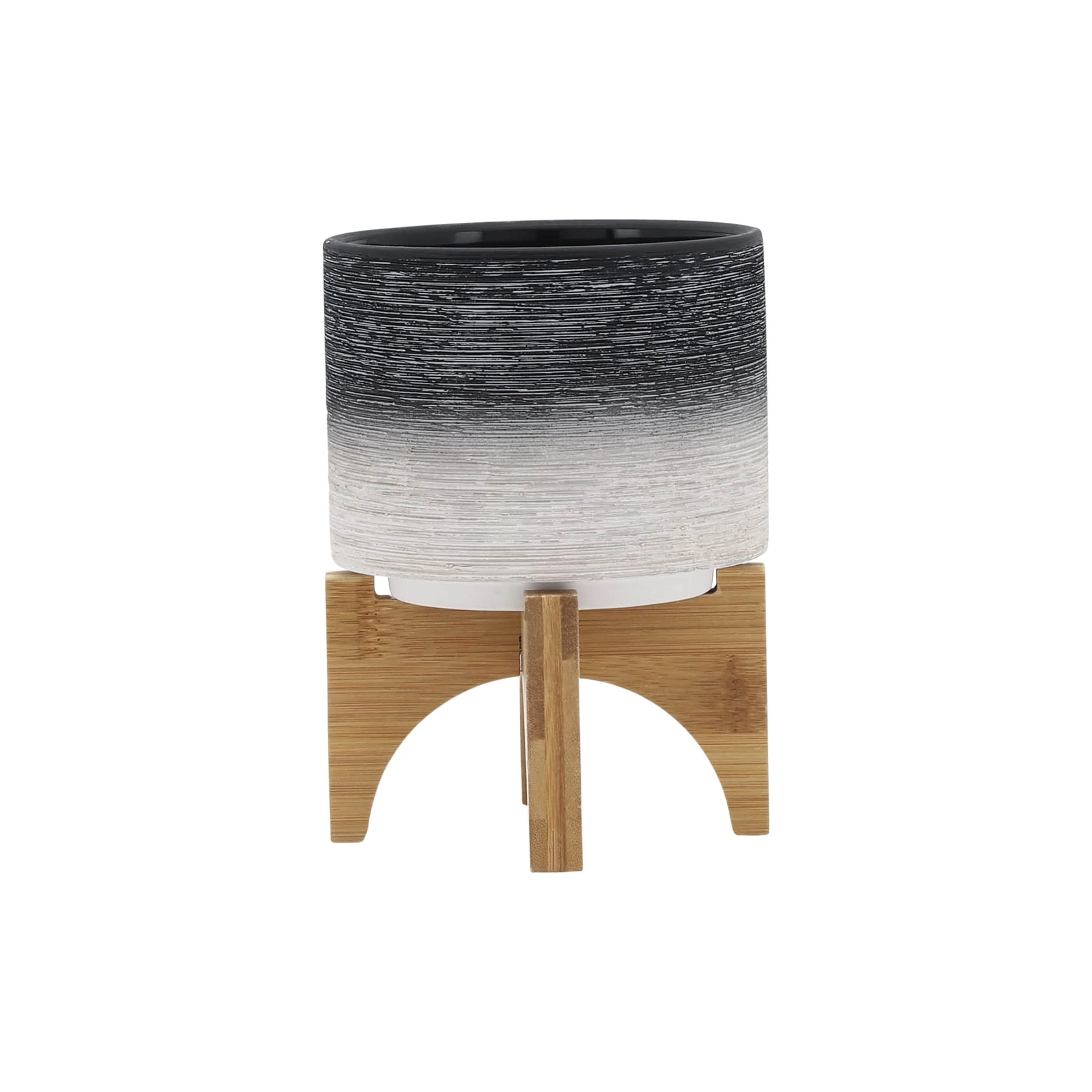 Ceramic 5" Planter On Wooden Stand, Gray - Image 2