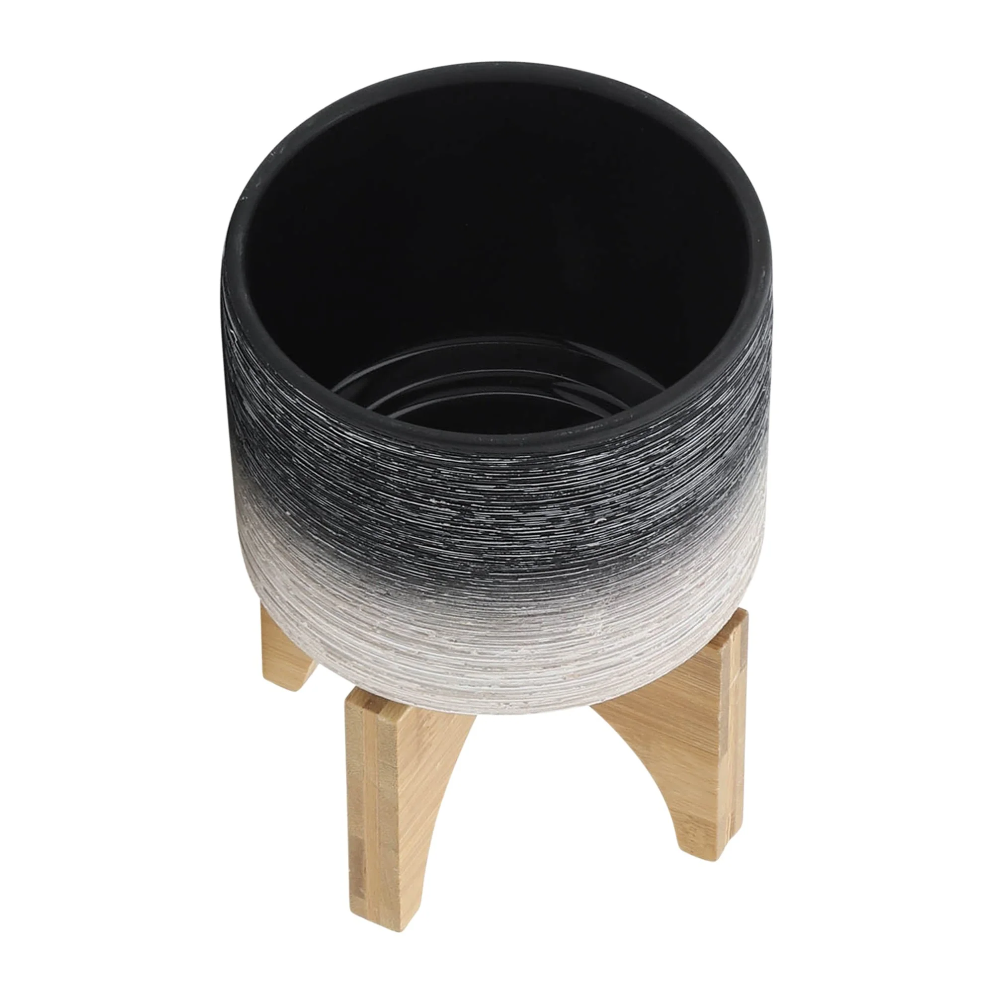 Ceramic 5" Planter On Wooden Stand, Gray - Image 4