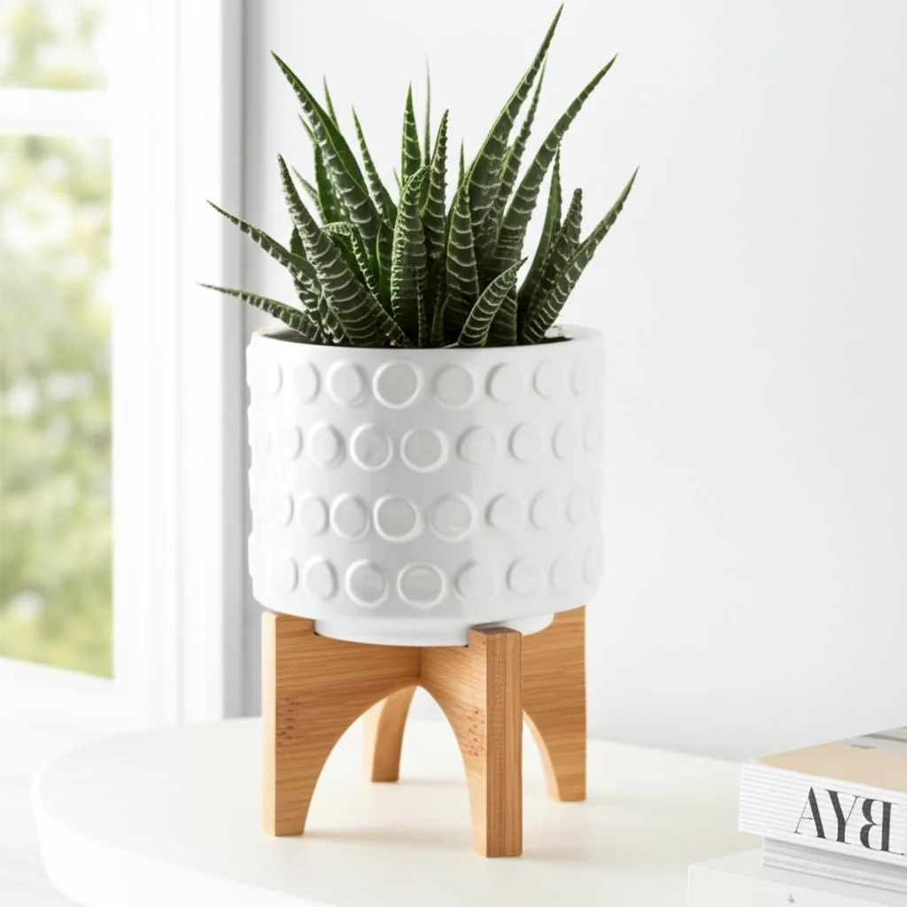 Ceramic 5" Planter On Wooden Stand, White - Image 11