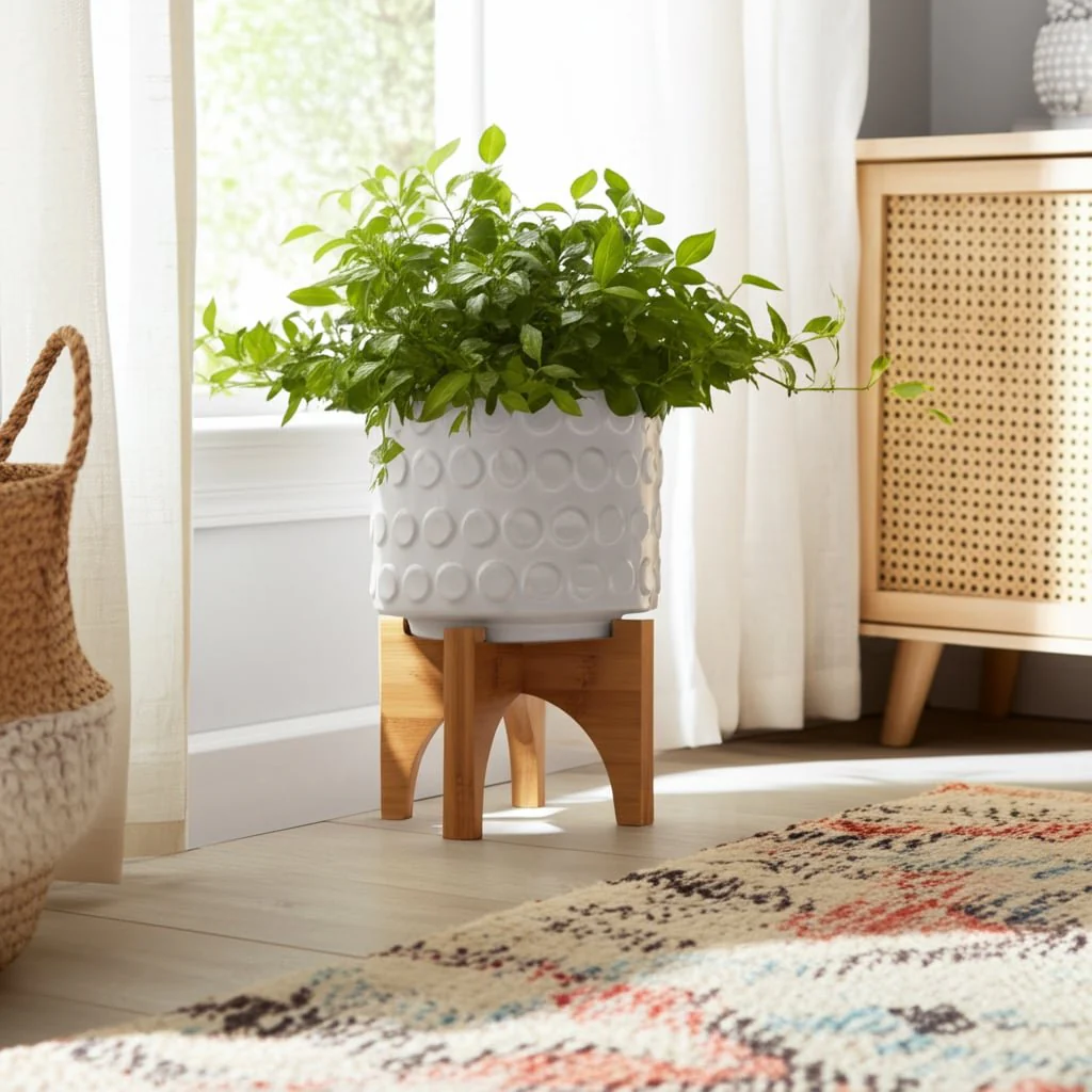 Ceramic 5" Planter On Wooden Stand, White - Image 13