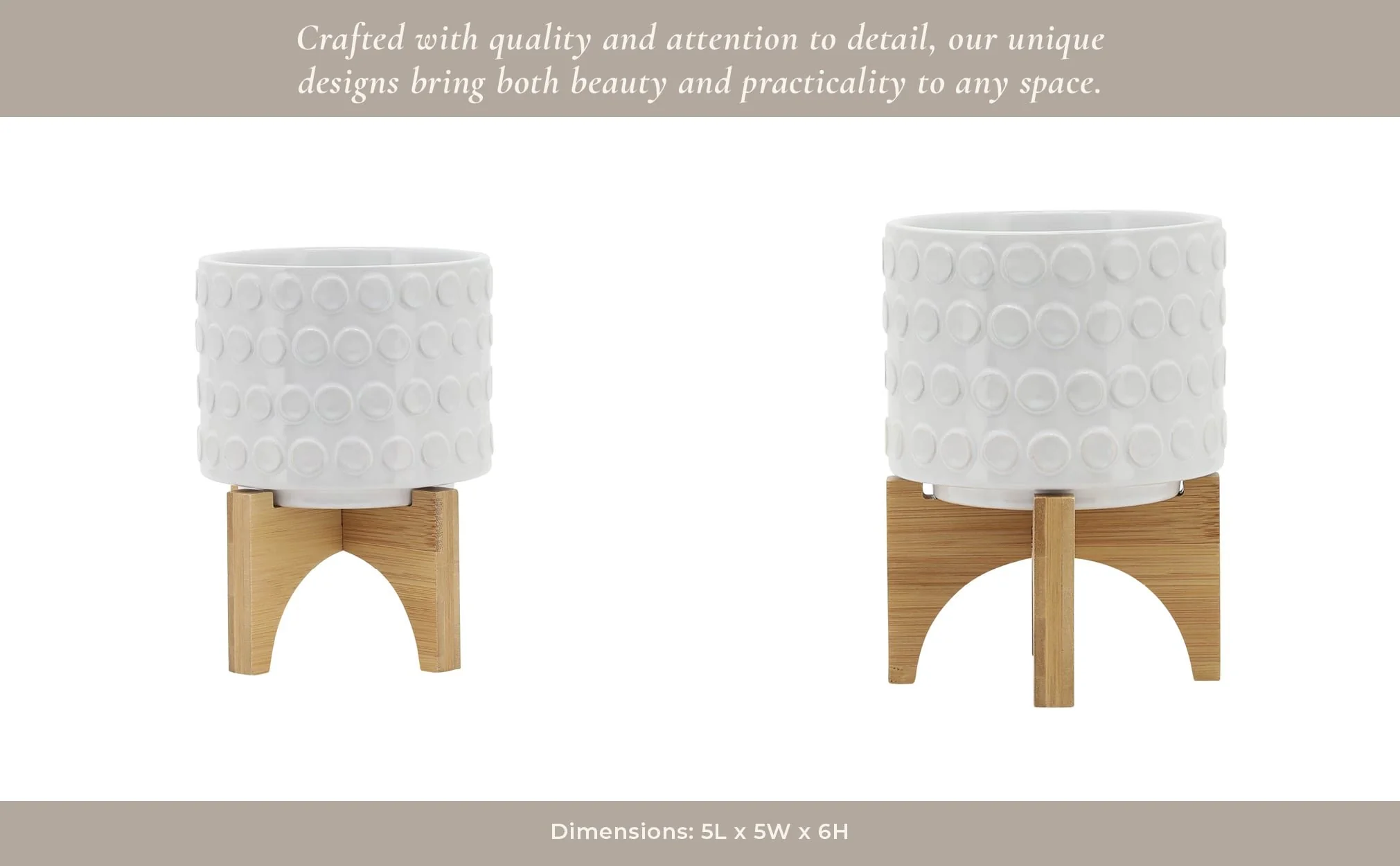 Ceramic 5" Planter On Wooden Stand, White - Image 15
