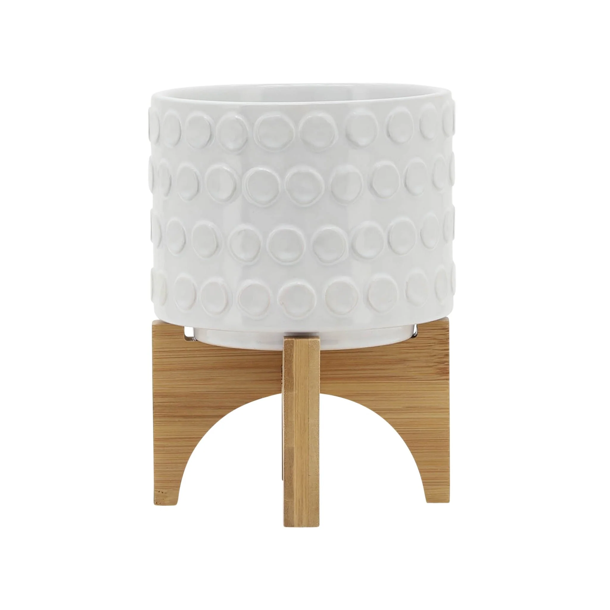Ceramic 5" Planter On Wooden Stand, White - Image 2