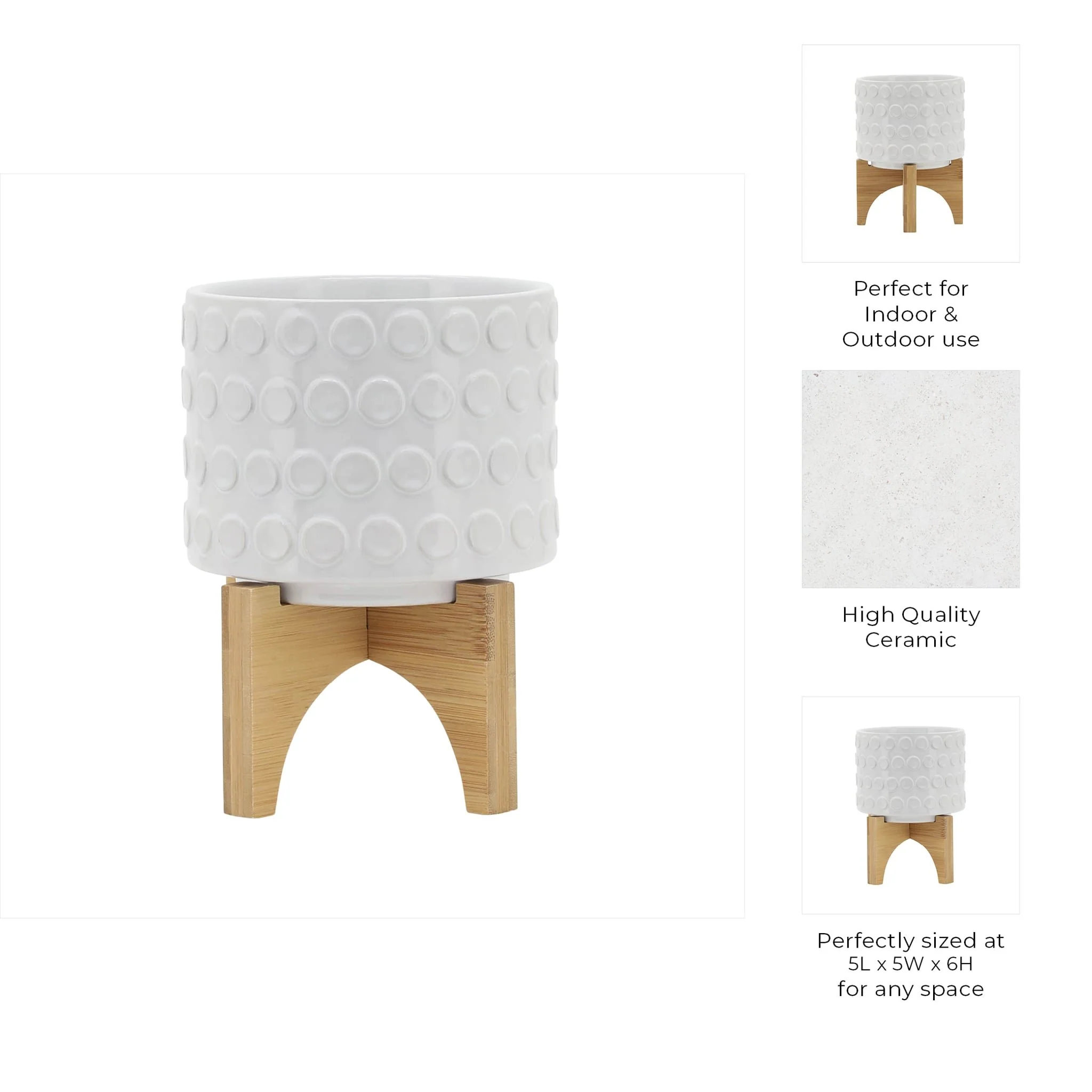 Ceramic 5" Planter On Wooden Stand, White - Image 9
