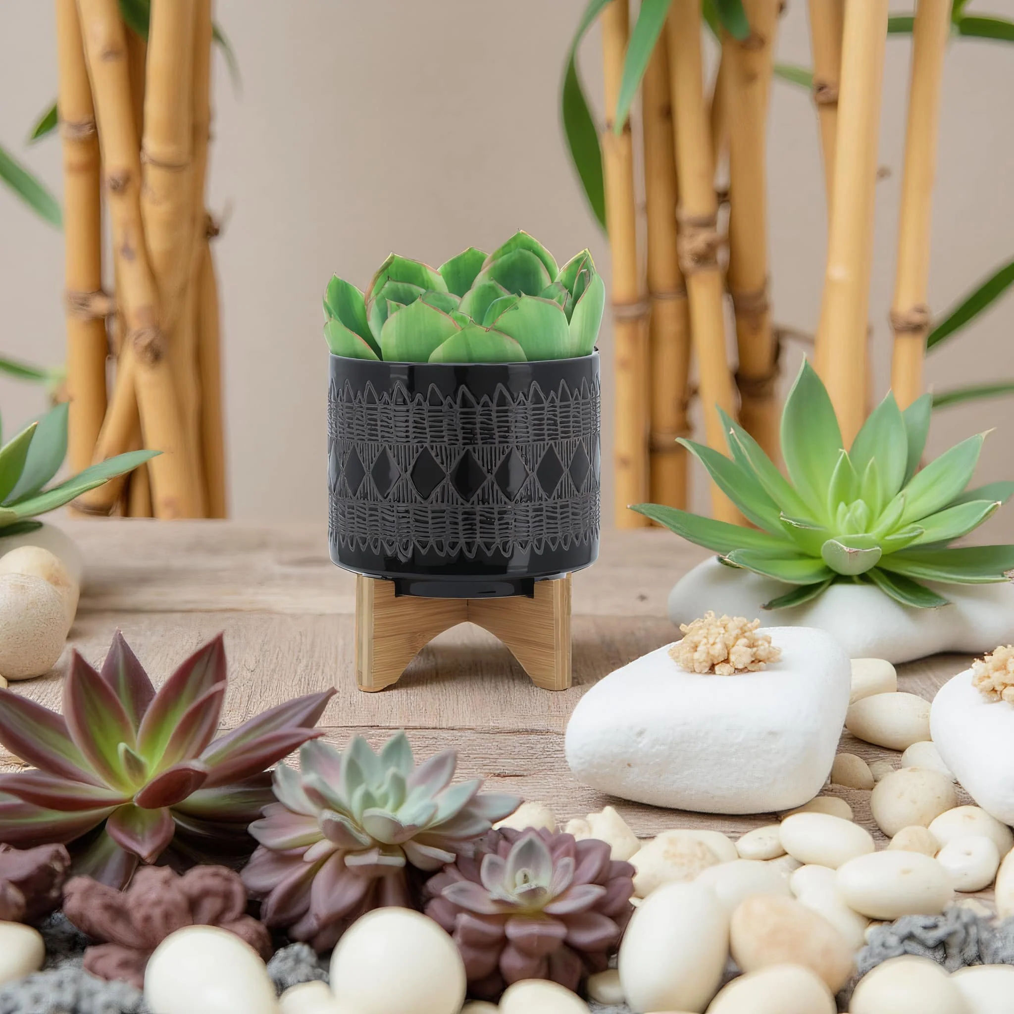 Ceramic 8" Aztec Planter On Wooden Stand, Black - Image 12