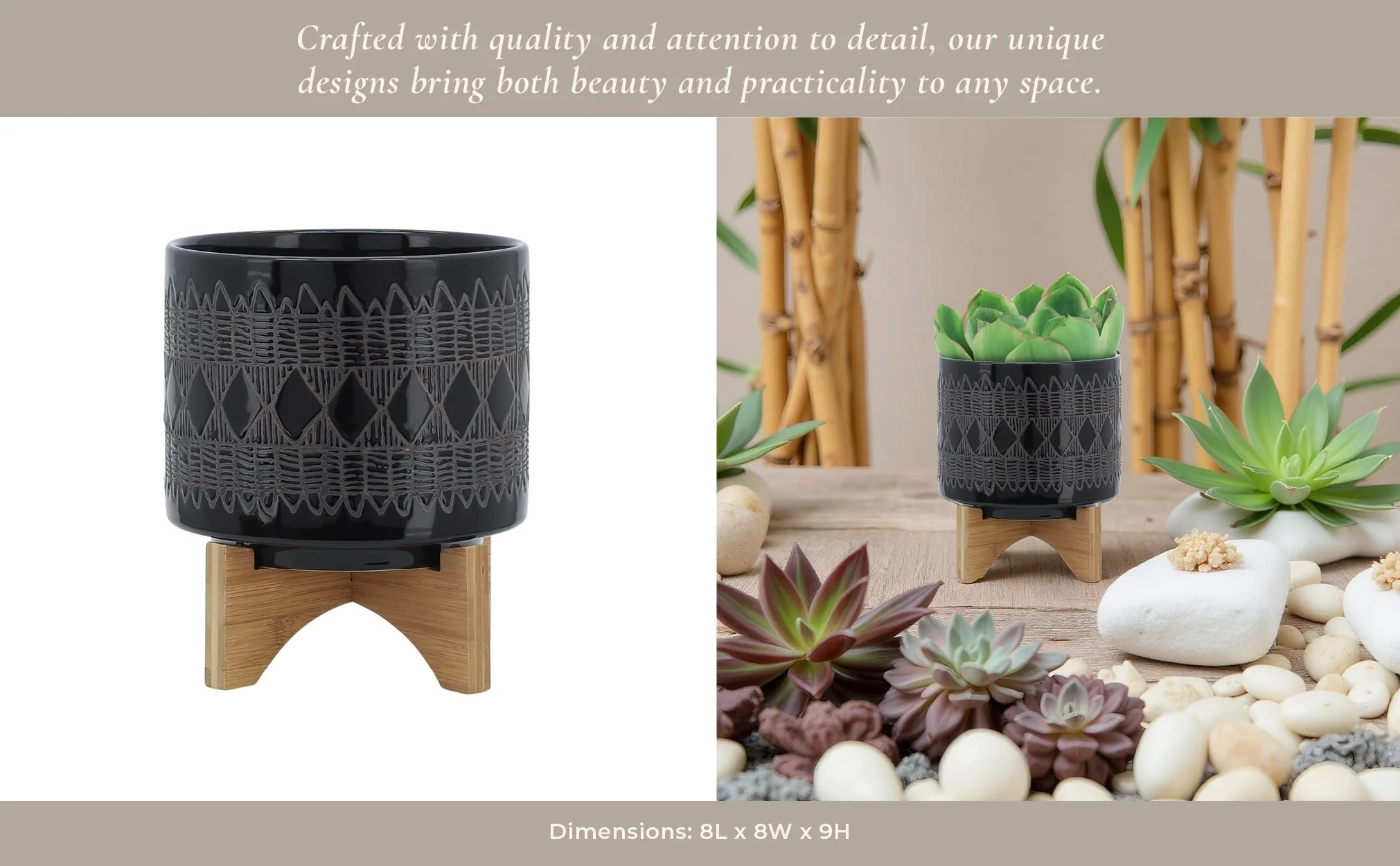 Ceramic 8" Aztec Planter On Wooden Stand, Black - Image 13