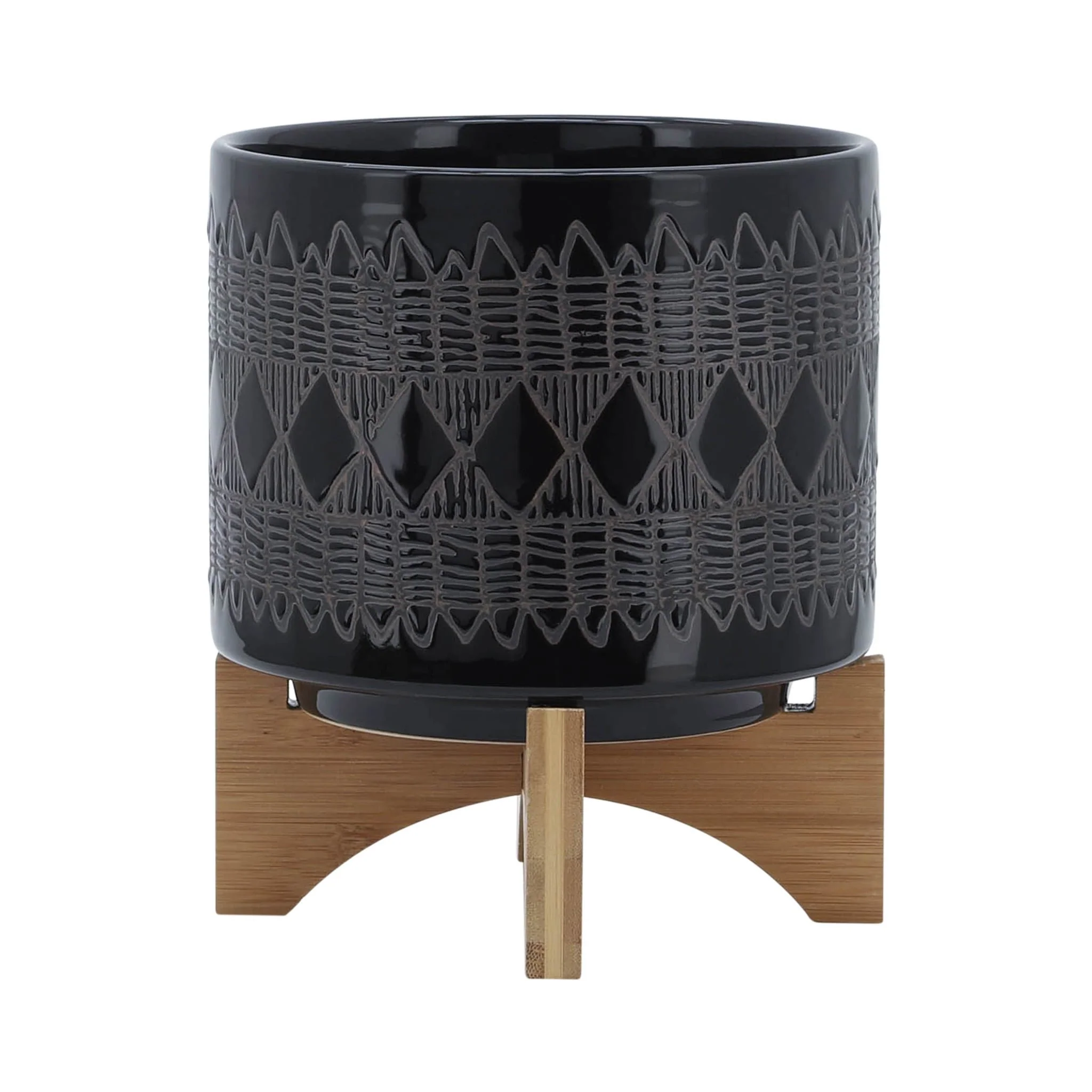 Ceramic 8" Aztec Planter On Wooden Stand, Black - Image 2