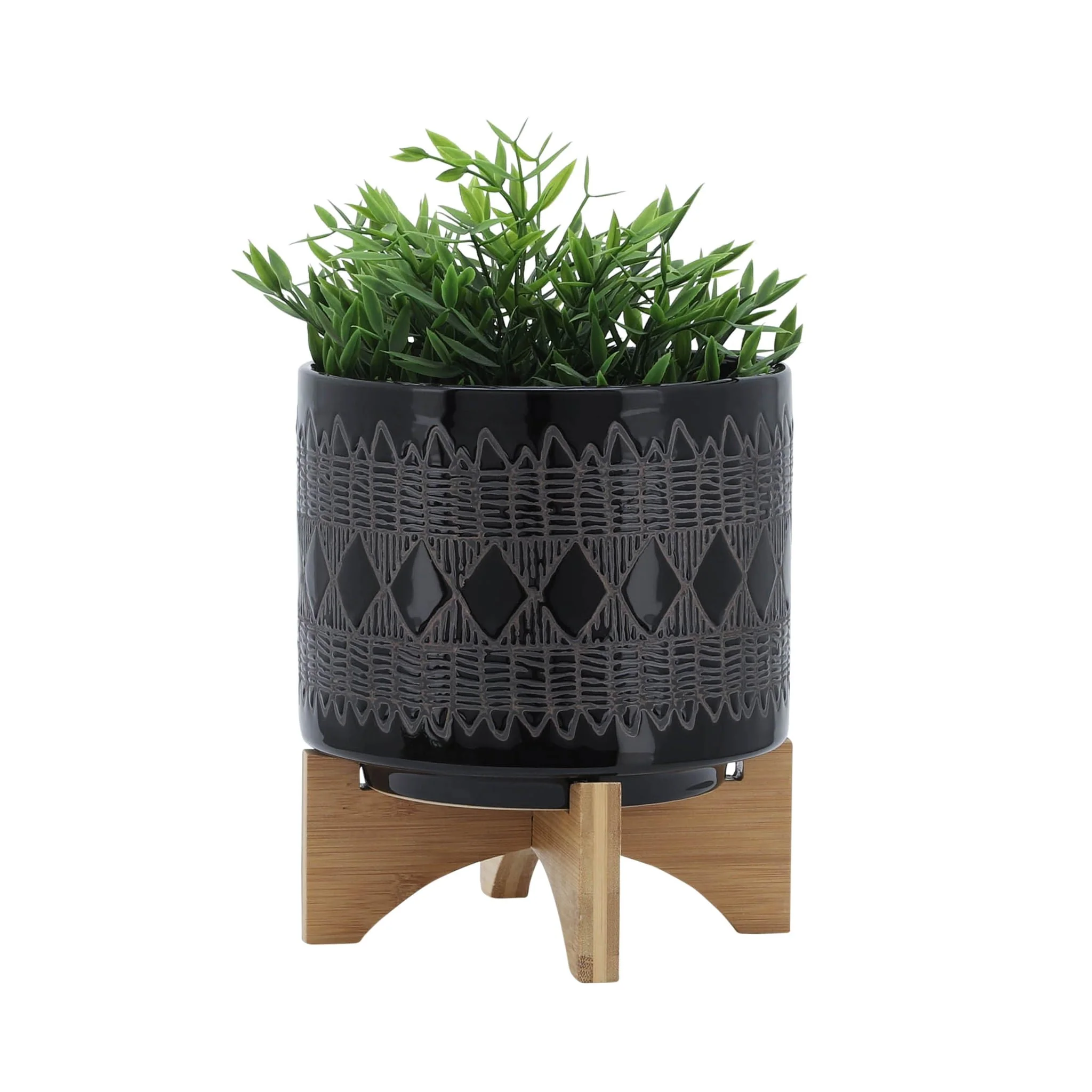 Ceramic 8" Aztec Planter On Wooden Stand, Black - Image 3