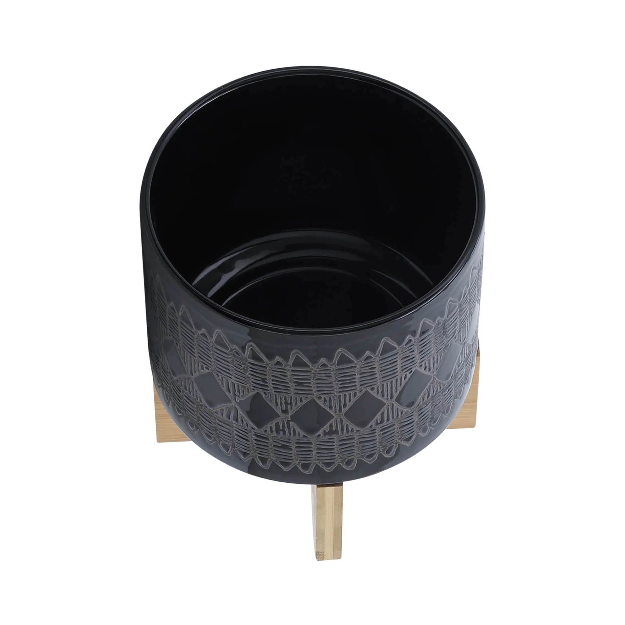 Ceramic 8" Aztec Planter On Wooden Stand, Black - Image 4
