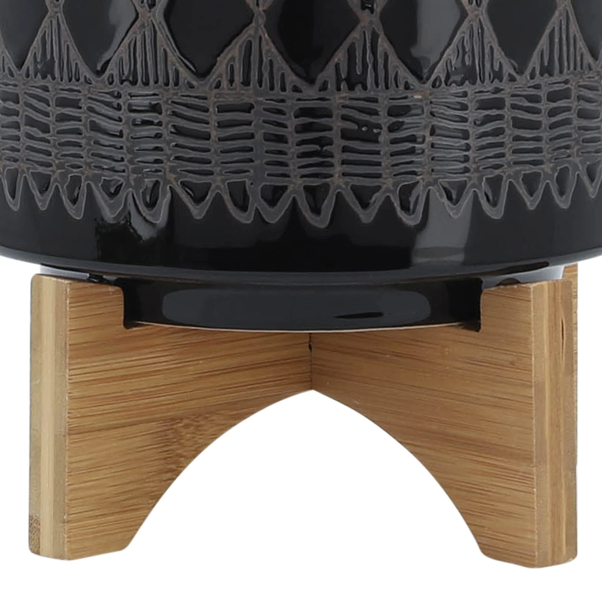 Ceramic 8" Aztec Planter On Wooden Stand, Black - Image 7