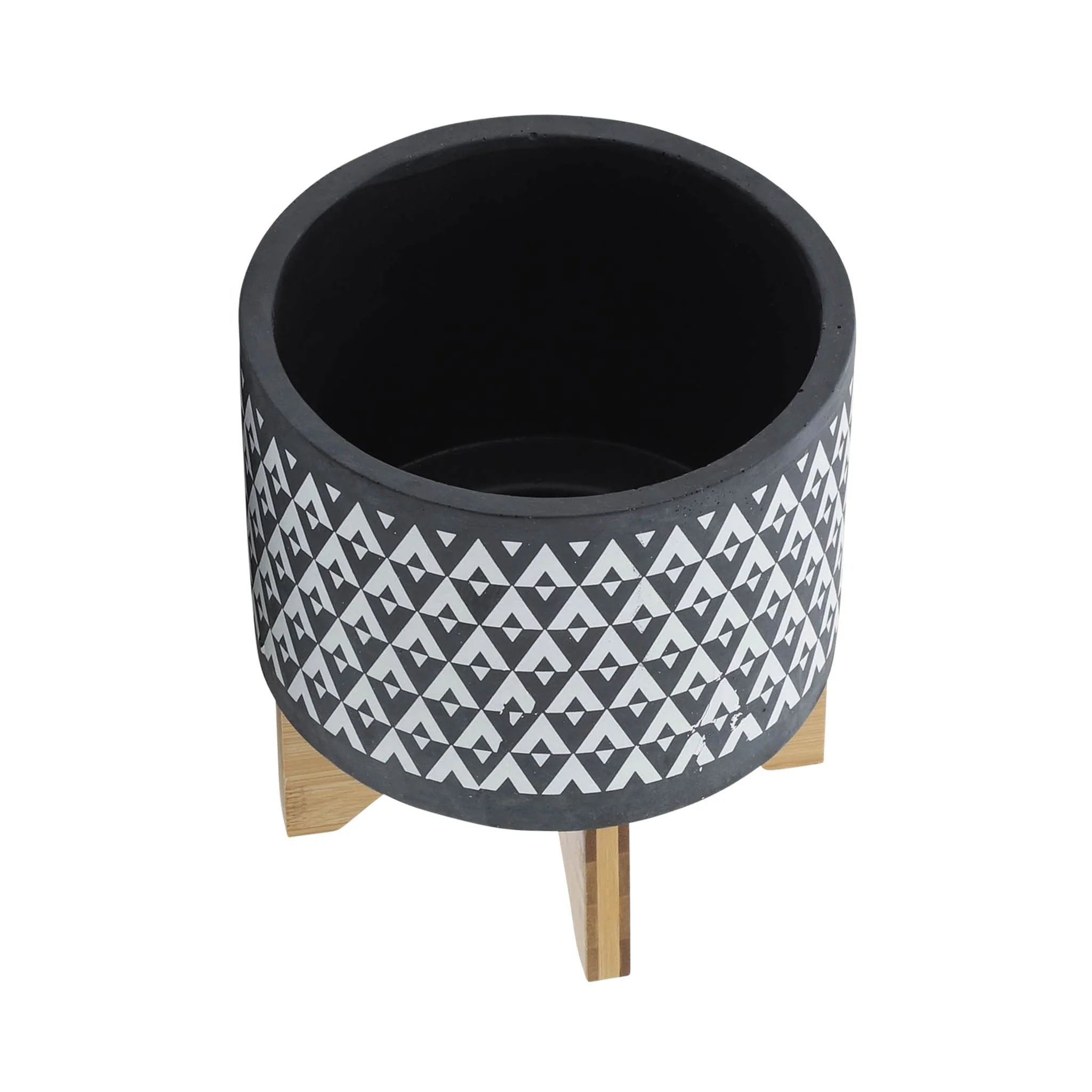 Ceramic 8" Aztec Planter On Wooden Stand, Gray - Image 4