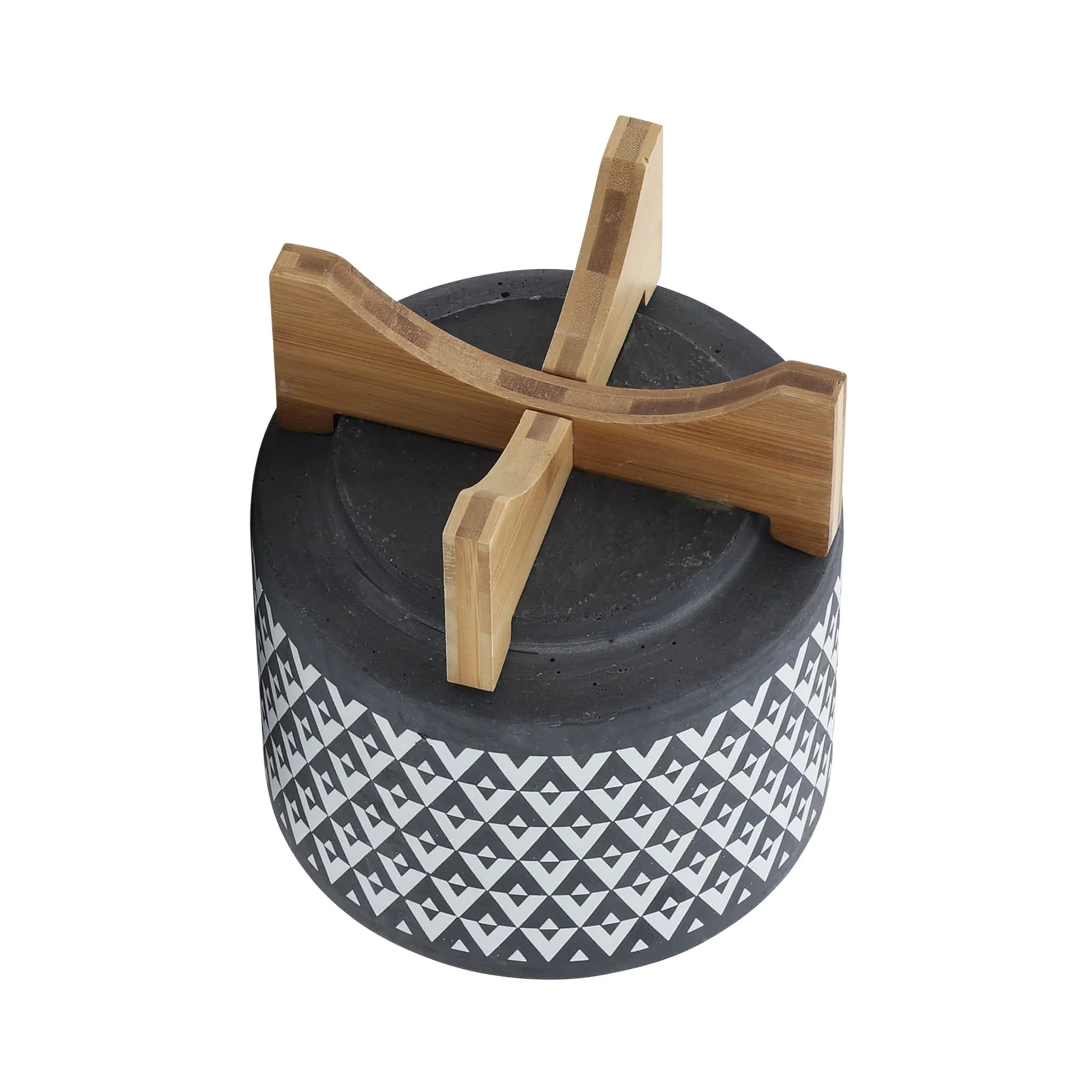 Ceramic 8" Aztec Planter On Wooden Stand, Gray - Image 5
