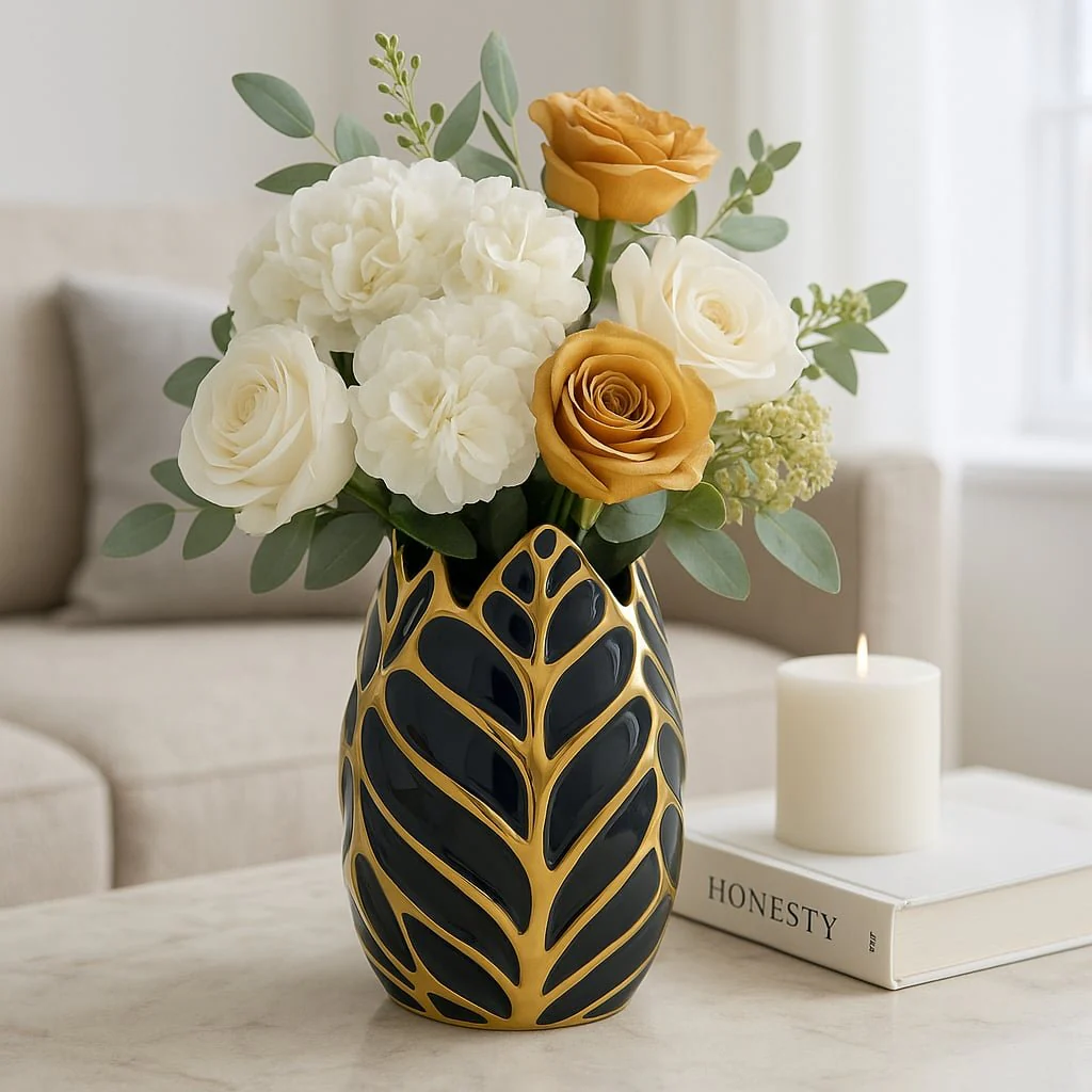 Ceramic 8" Leaf Vase, Drk Navy/gold - Image 2