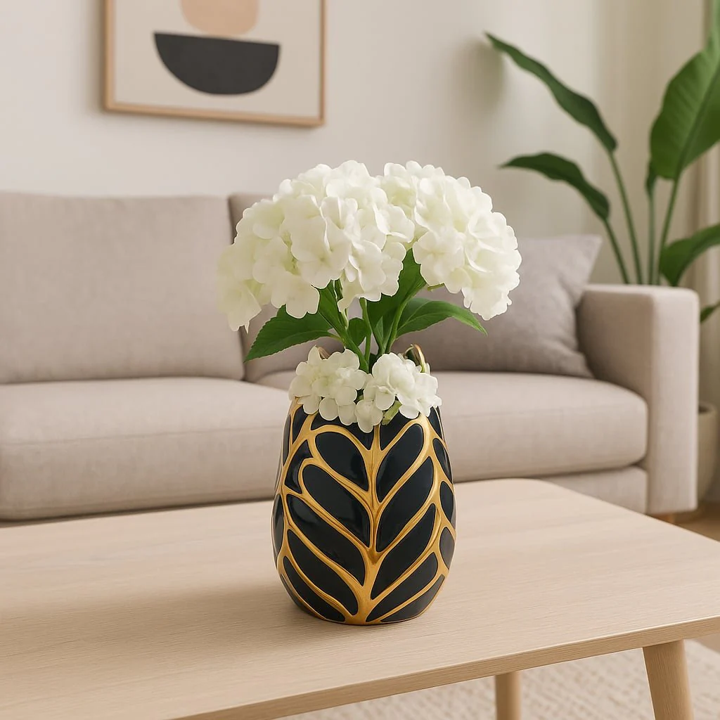Ceramic 8" Leaf Vase, Drk Navy/gold - Image 9