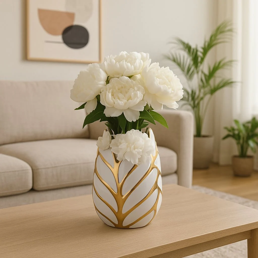 Ceramic 8" Leaf Vase, White/gold - Image 11