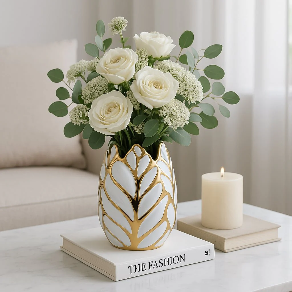 Ceramic 8" Leaf Vase, White/gold - Image 12