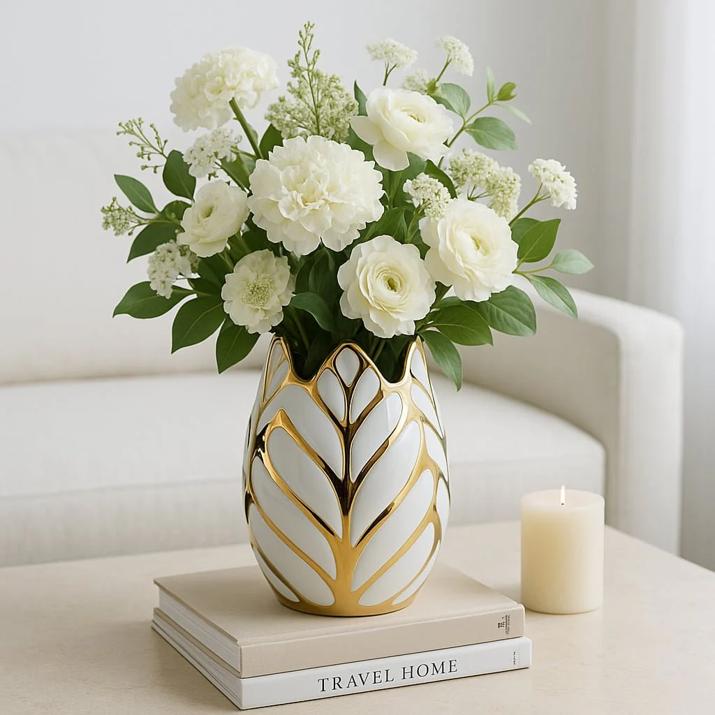 Ceramic 8" Leaf Vase, White/gold - Image 2