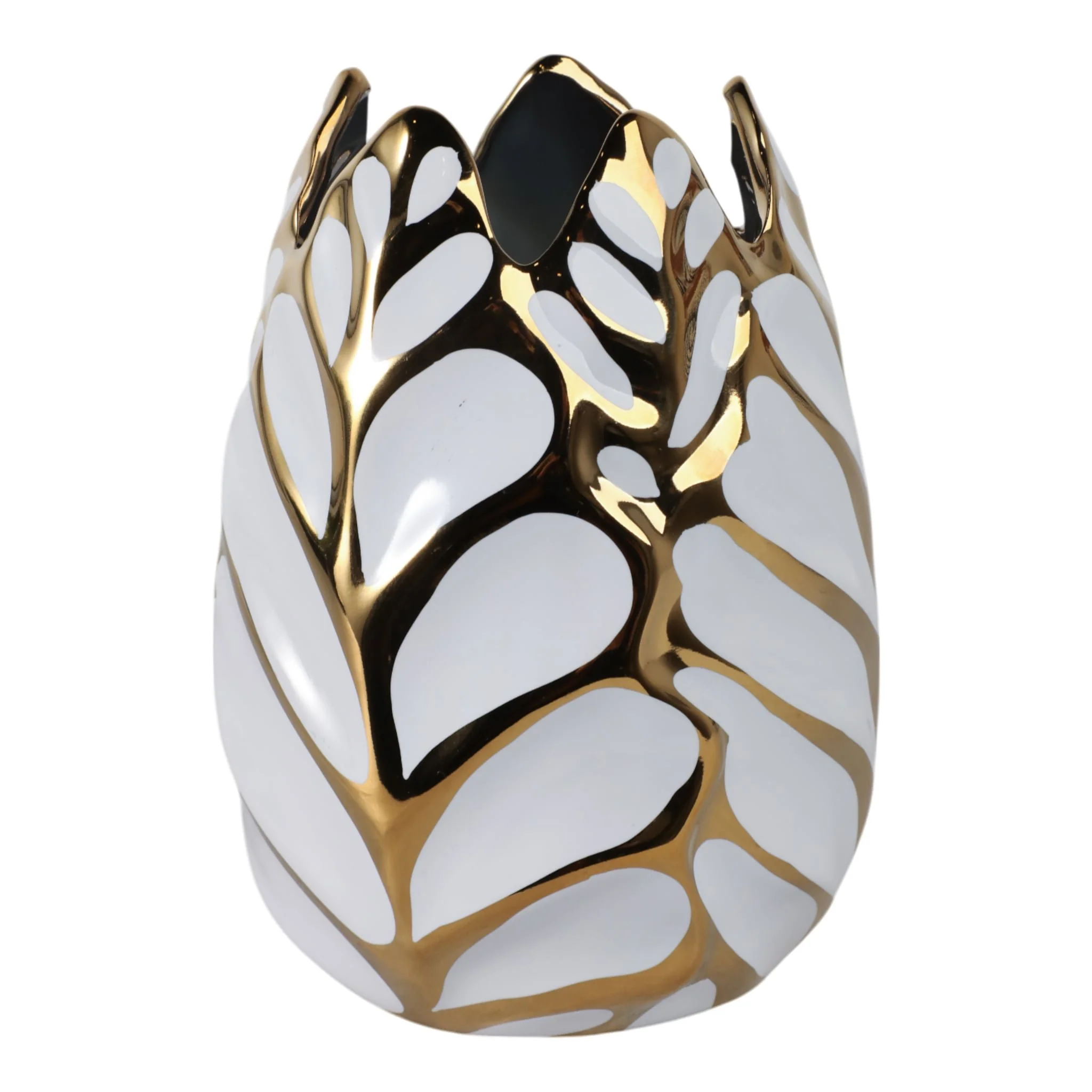 Ceramic 8" Leaf Vase, White/gold - Image 3
