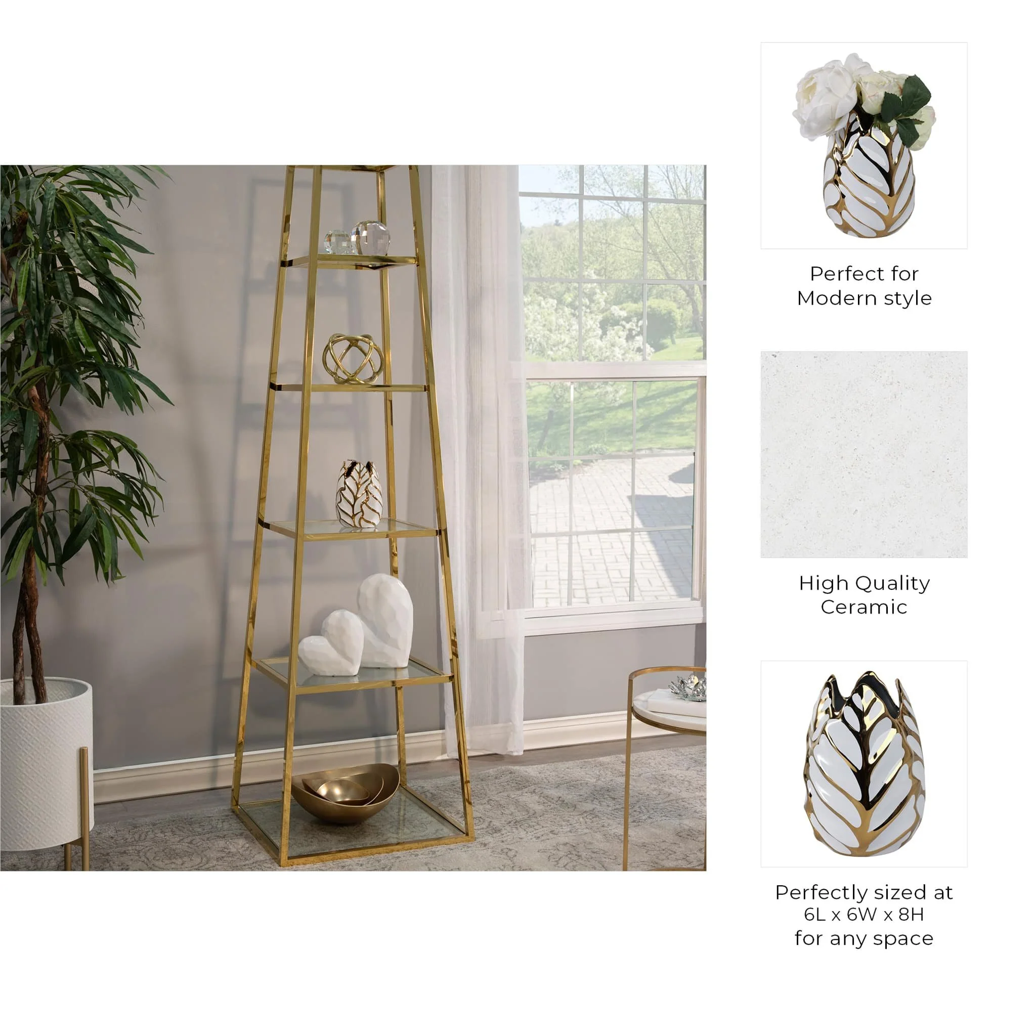 Ceramic 8" Leaf Vase, White/gold - Image 9