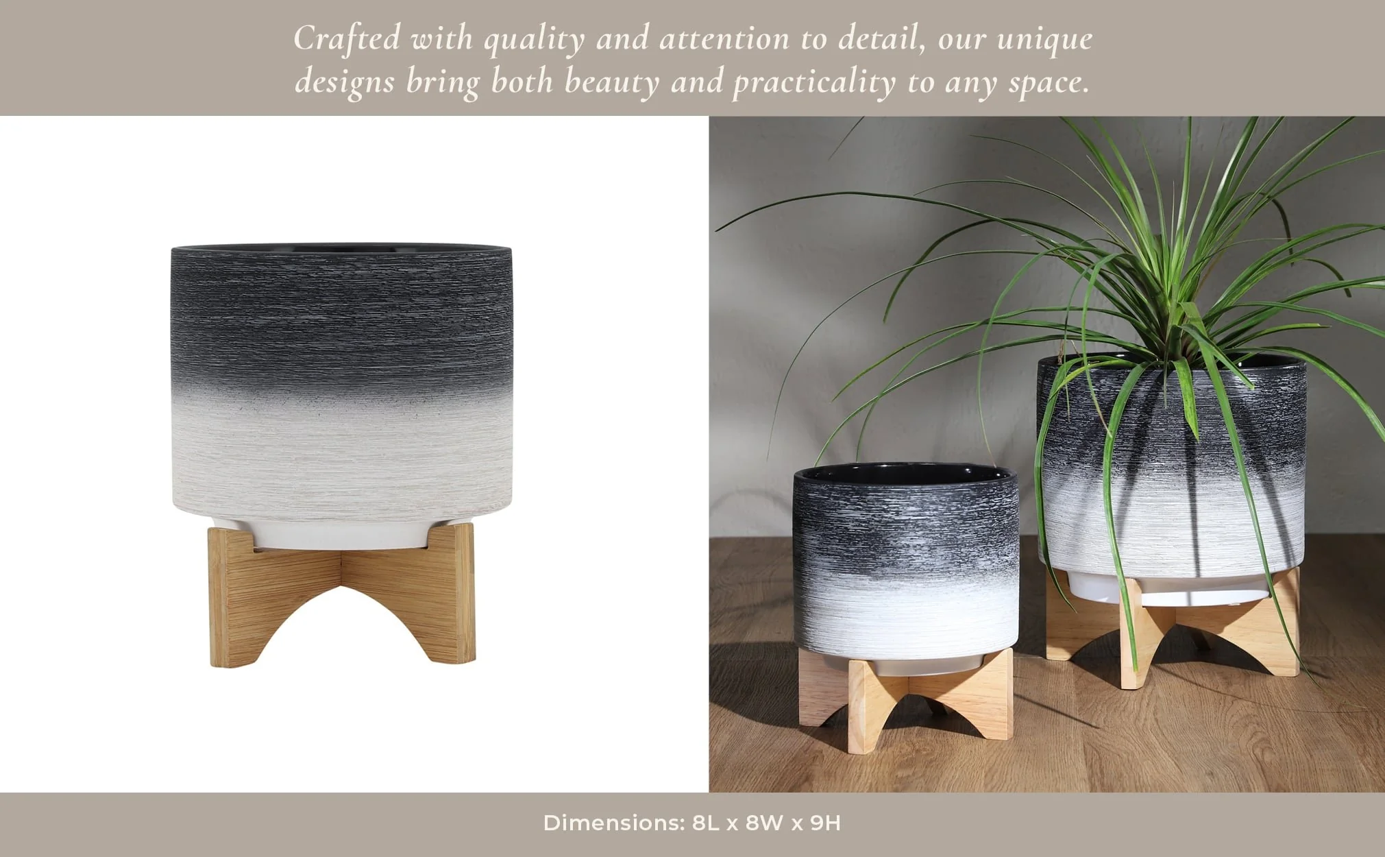 Ceramic 8" Planter On Wooden Stand, Gray - Image 13