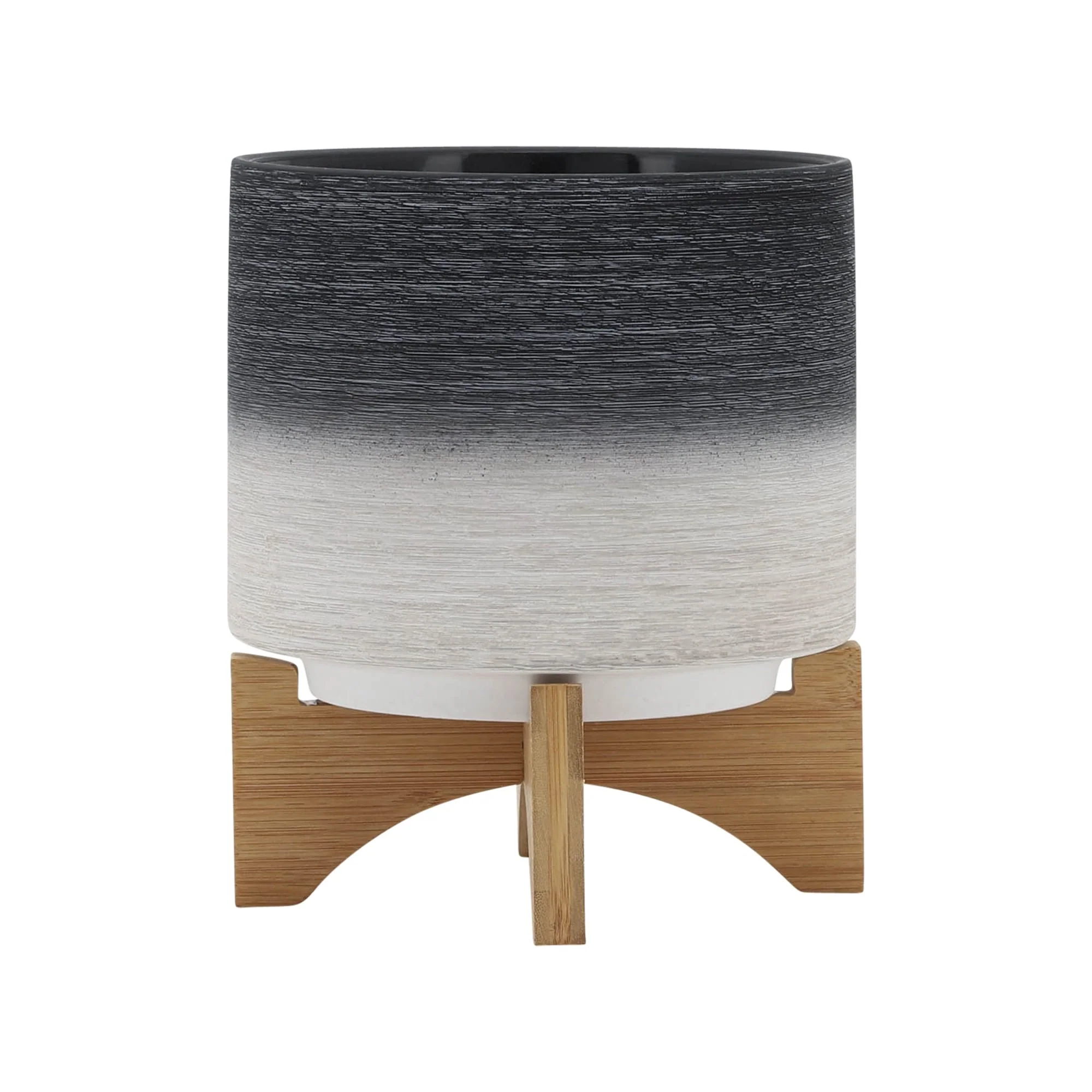 Ceramic 8" Planter On Wooden Stand, Gray - Image 2