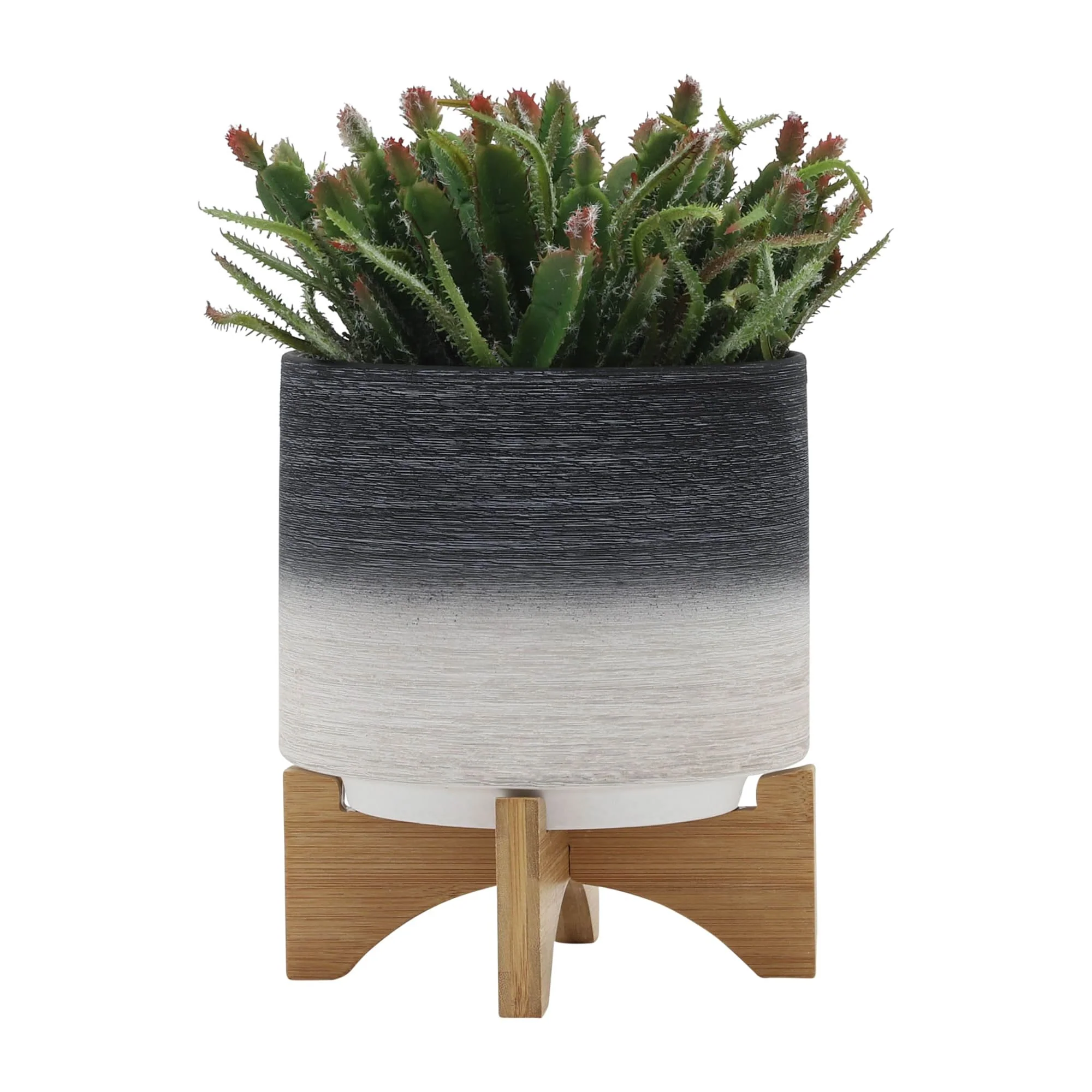 Ceramic 8" Planter On Wooden Stand, Gray - Image 3