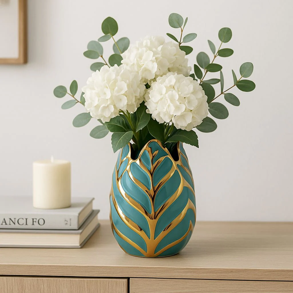 Ceramic 8"h Leaf Vase, Turquoise/gold - Image 11