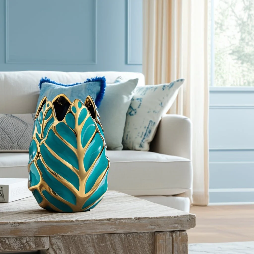 Ceramic 8"h Leaf Vase, Turquoise/gold - Image 13