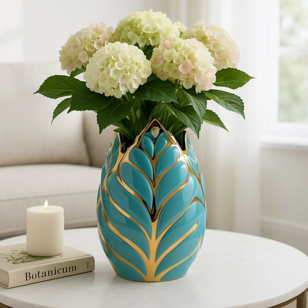 Ceramic 8"h Leaf Vase, Turquoise/gold - Image 2