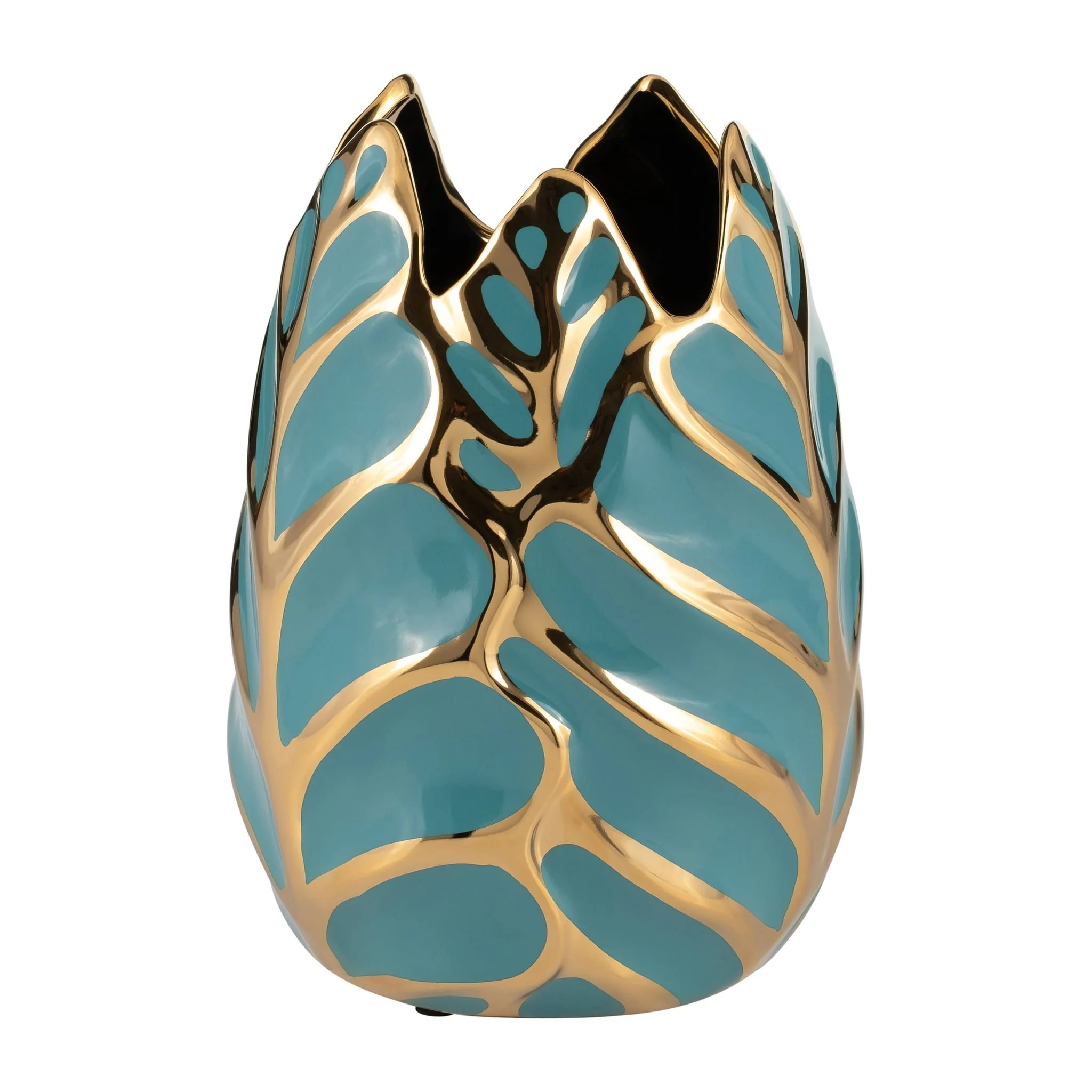 Ceramic 8"h Leaf Vase, Turquoise/gold - Image 3