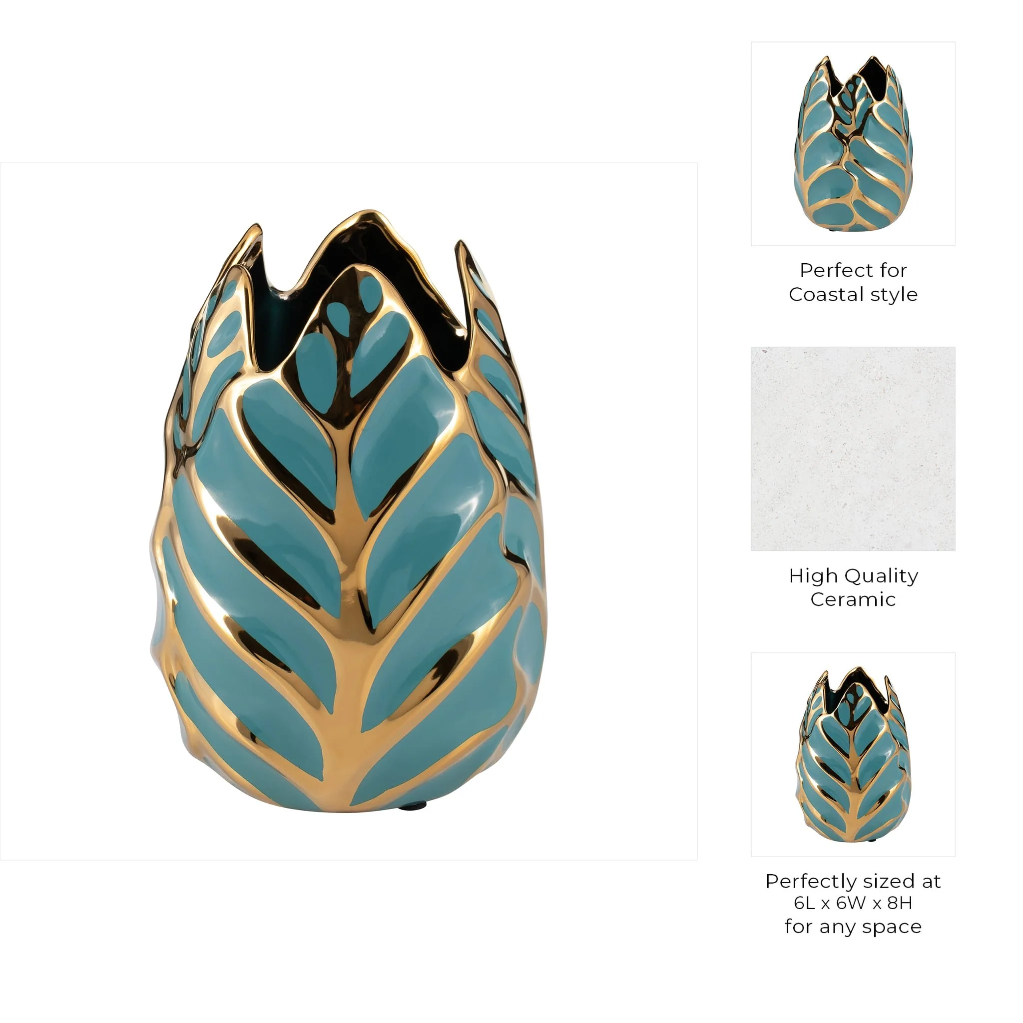 Ceramic 8"h Leaf Vase, Turquoise/gold - Image 8