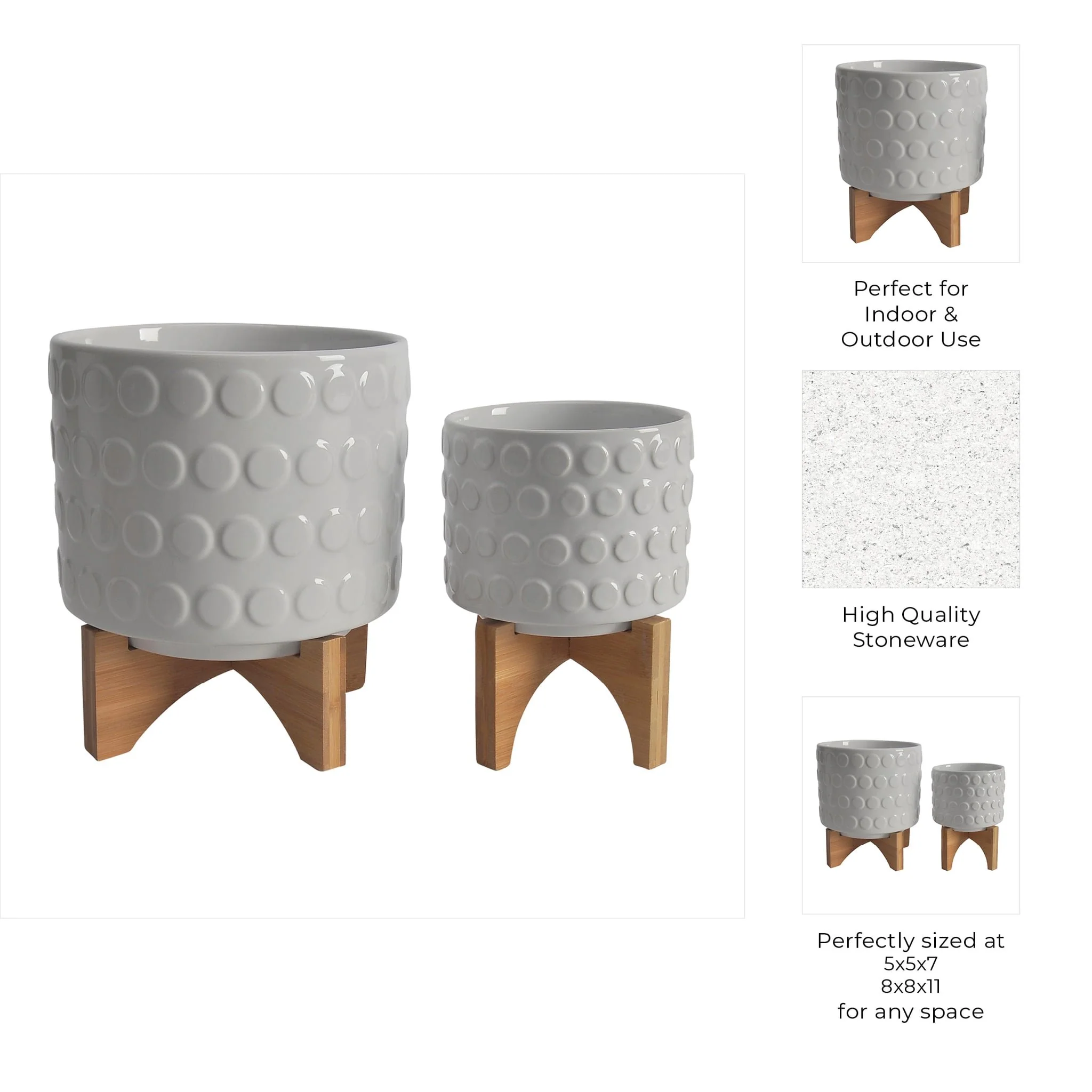 Ceramic S/2 5/8" Planter On Wooden Stand, White - Image 5