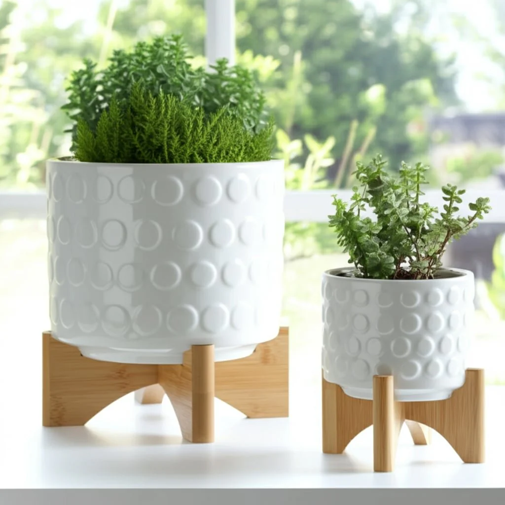 Ceramic S/2 5/8" Planter On Wooden Stand, White - Image 7