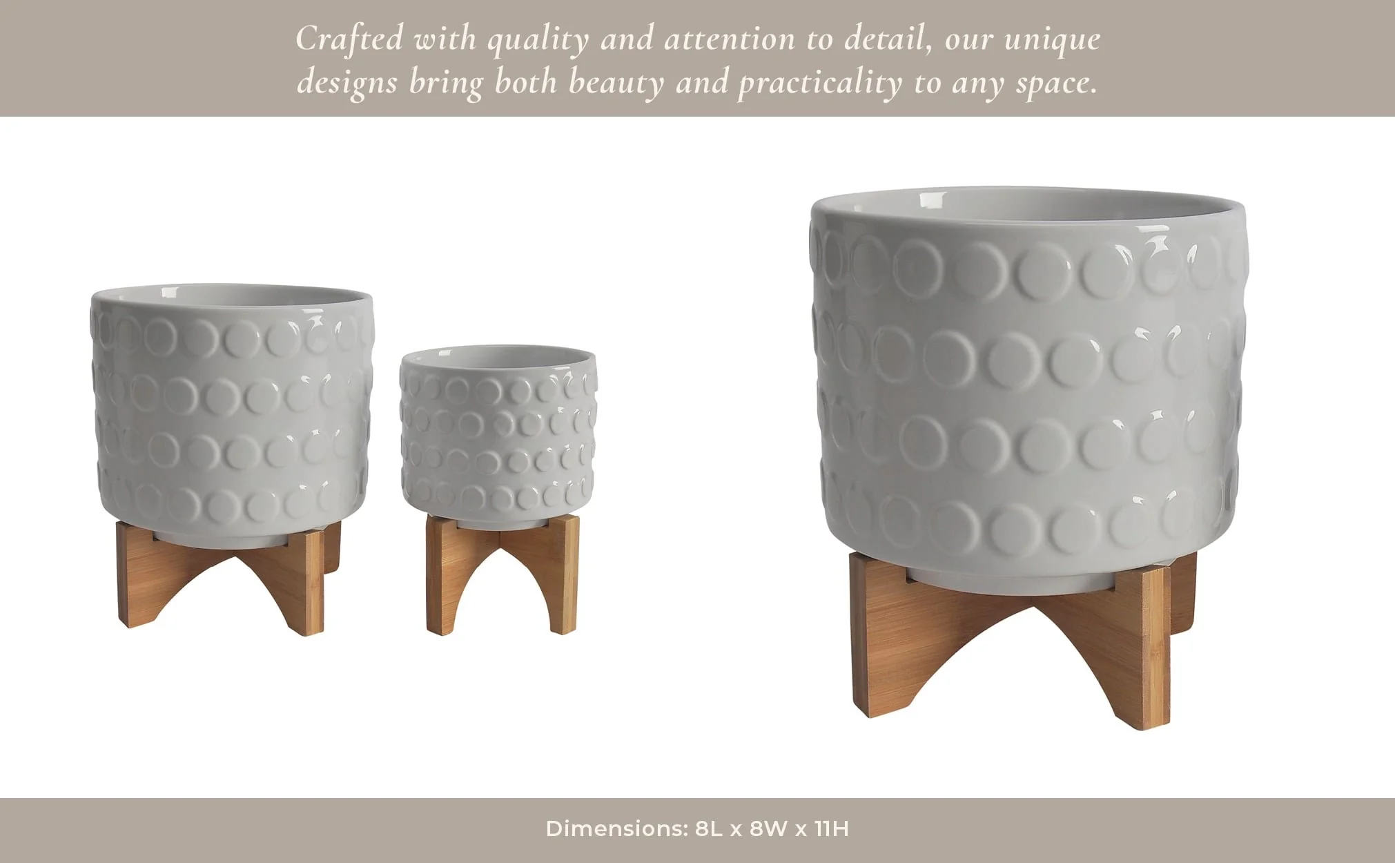 Ceramic S/2 5/8" Planter On Wooden Stand, White - Image 8