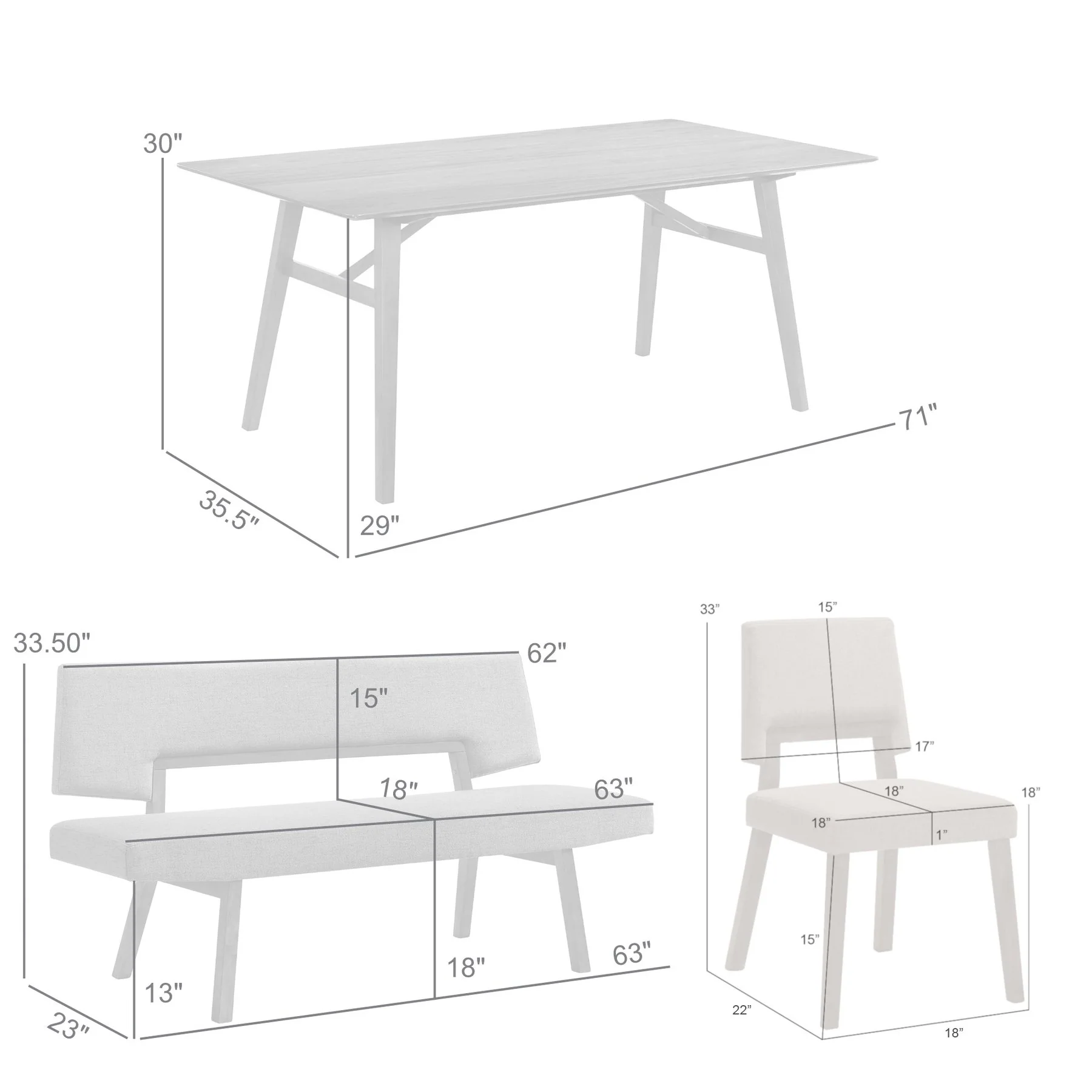 Channell 5 Piece Walnut Wood Dining Table Set with Benches in Blue Fabric - Image 11