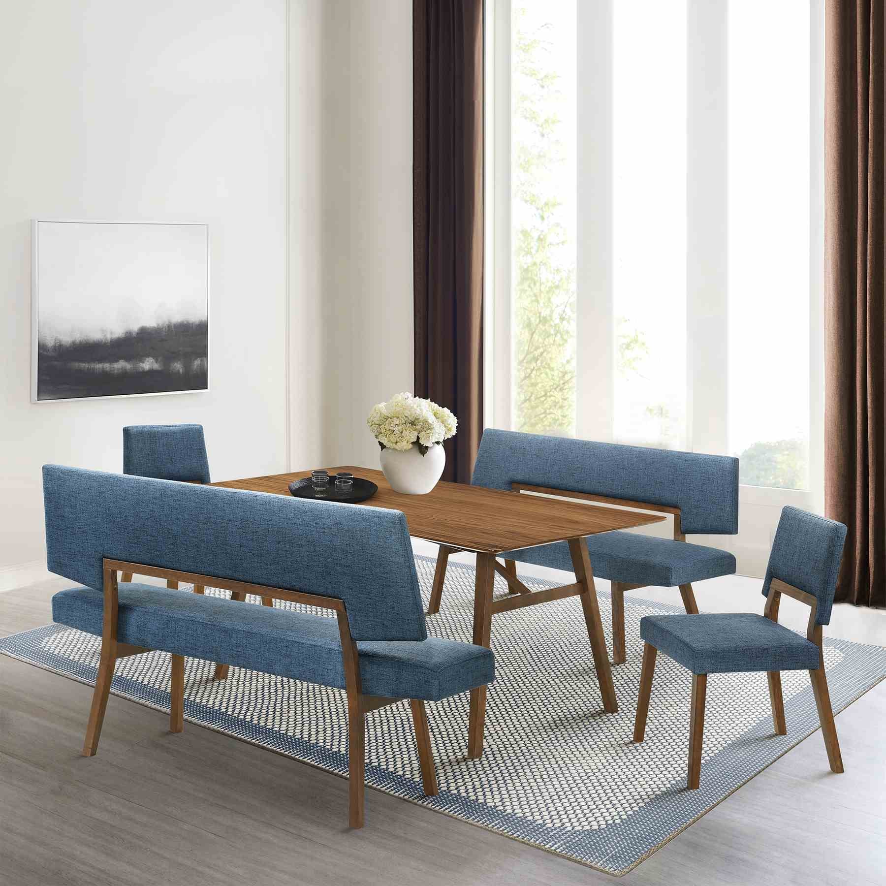 Channell 5 Piece Walnut Wood Dining Table Set with Benches in Blue Fabric - Image 12