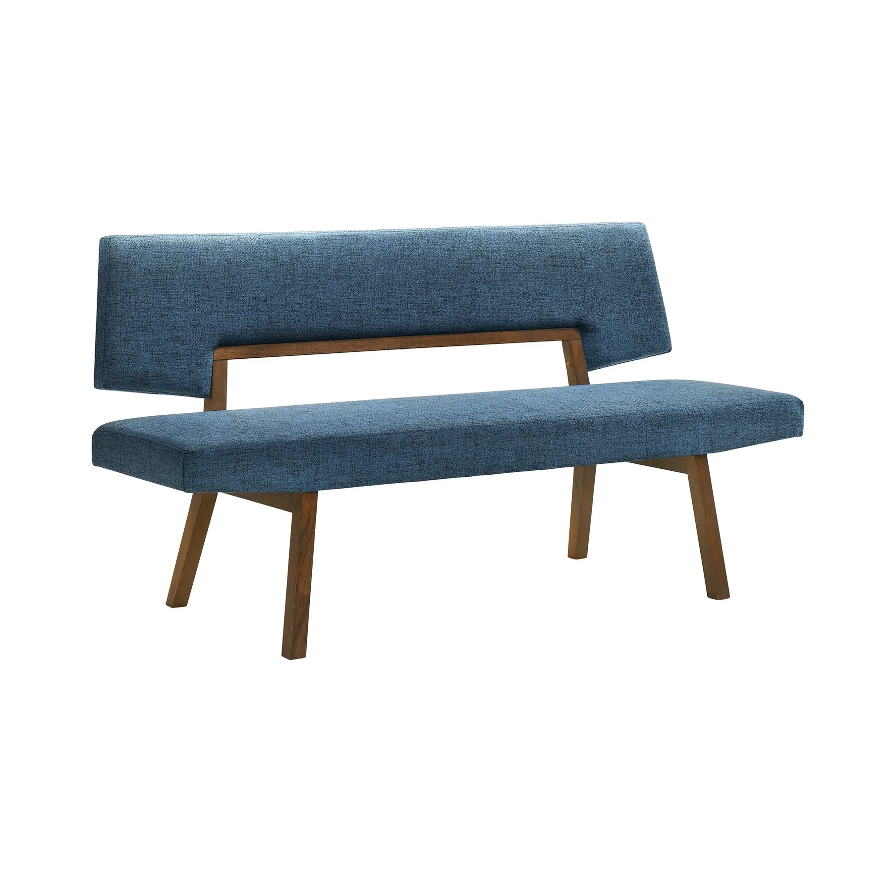 Channell 5 Piece Walnut Wood Dining Table Set with Benches in Blue Fabric - Image 2