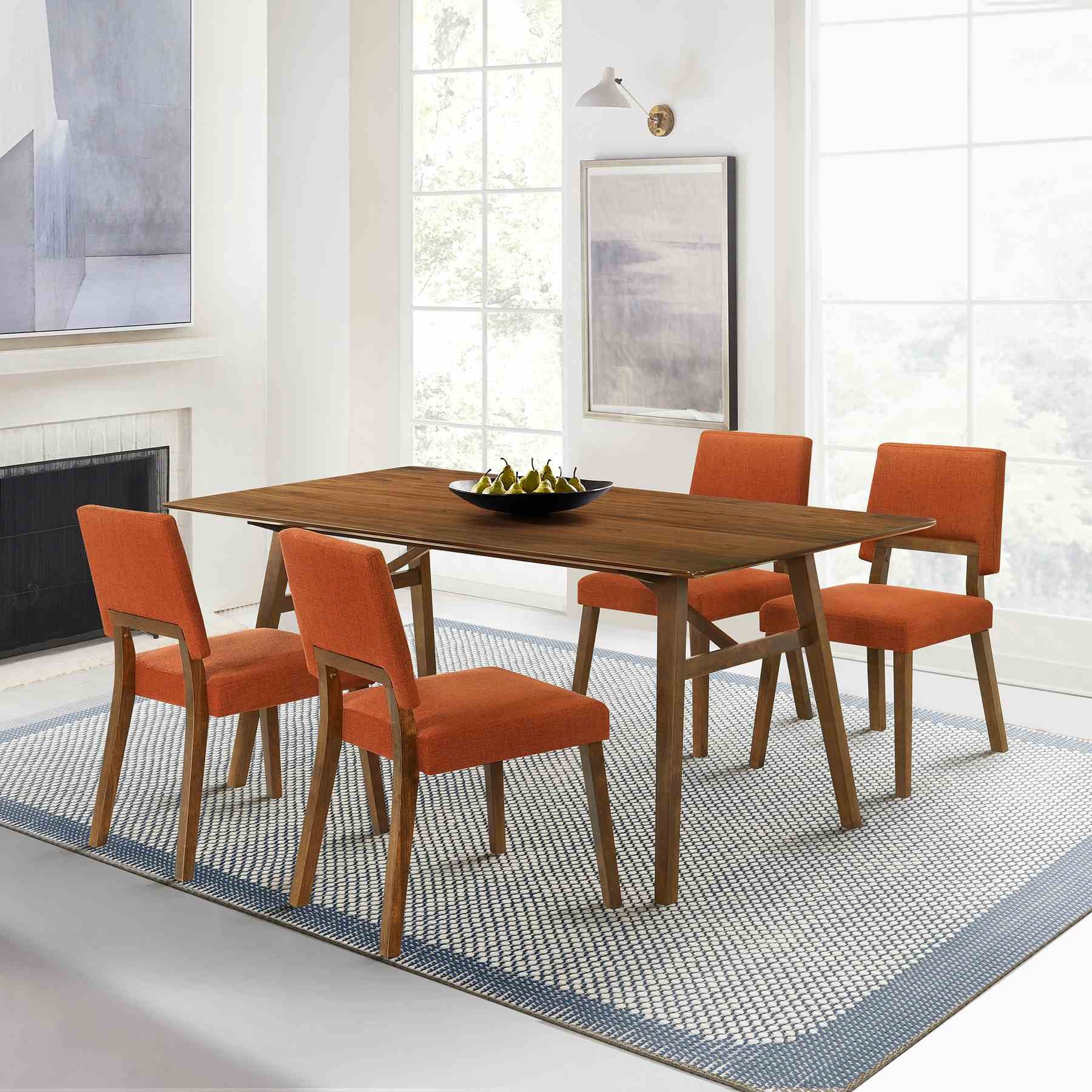 Channell 5 Piece Walnut Wood Dining Table Set with Orange Fabric - Image 11