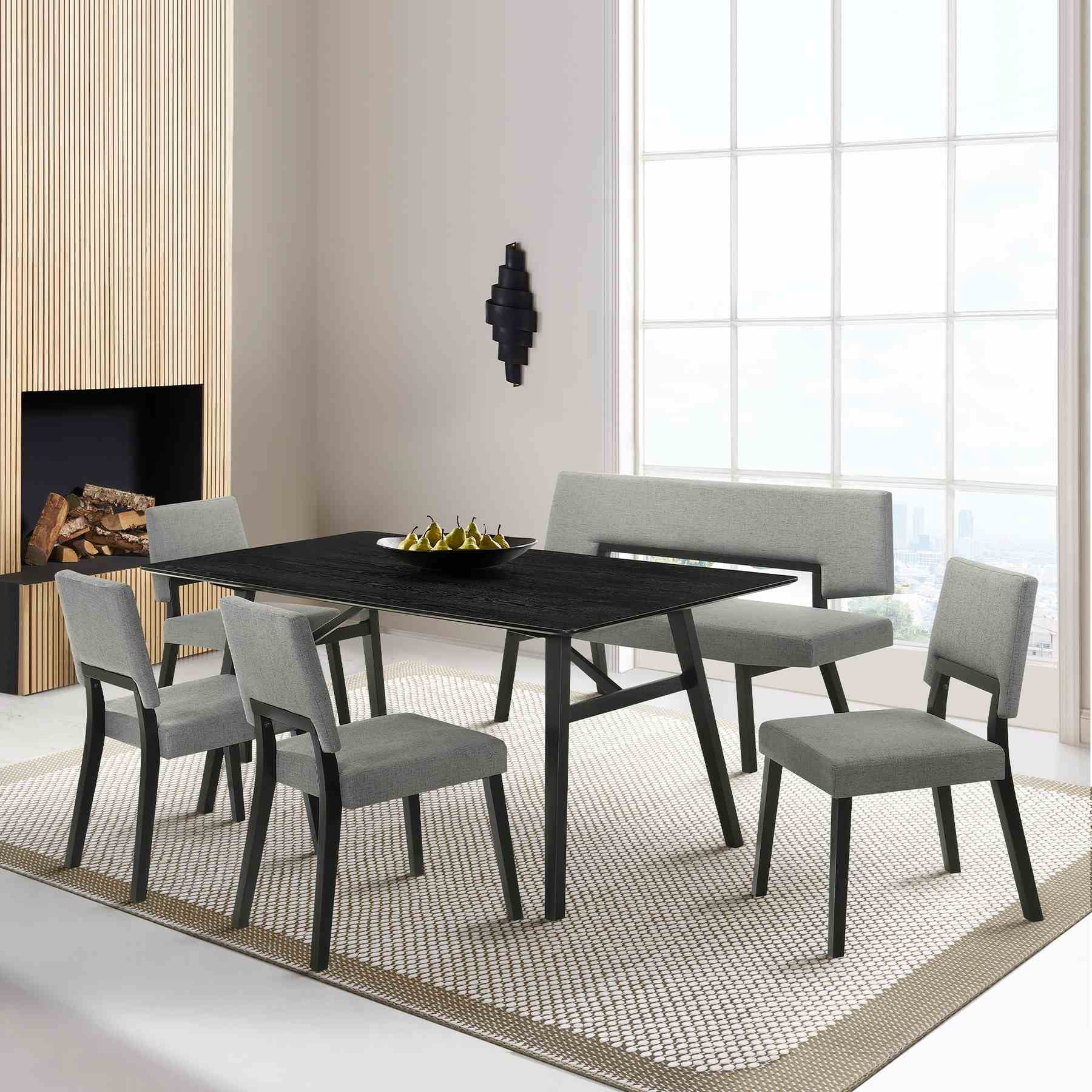 Channell 6 Piece Black Wood Dining Table Set with Bench in Charcoal Fabric - Image 11