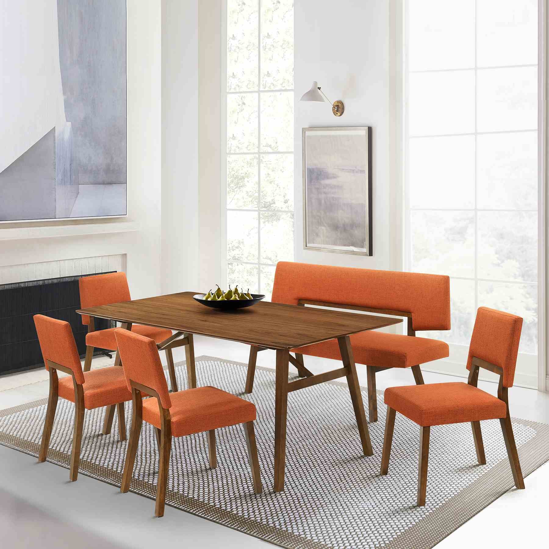 Channell 6 Piece Walnut Wood Dining Table Set with Bench in Orange Fabric - Image 11