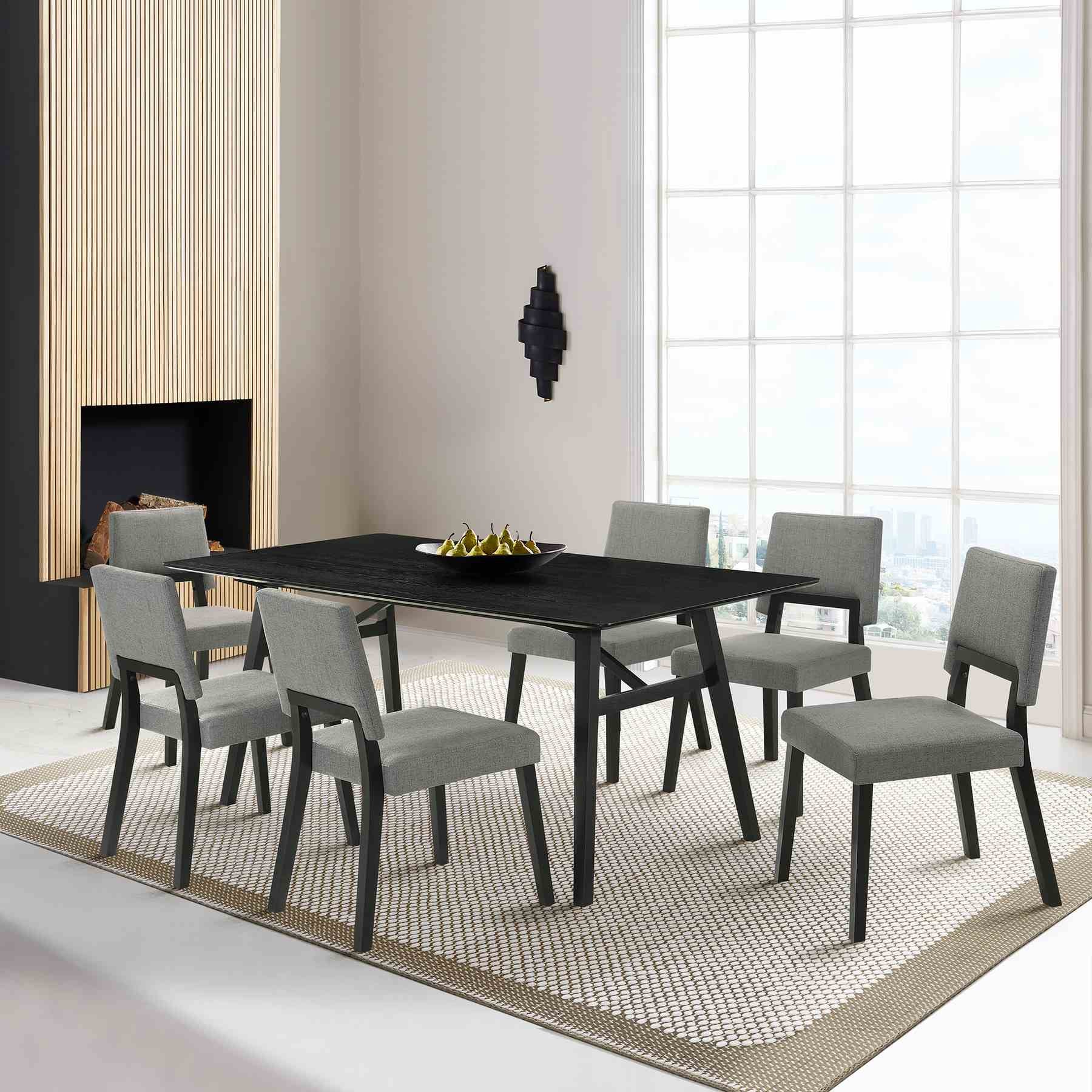 Channell 7 Piece Black Wood Dining Table Set with Charcoal Fabric - Image 11