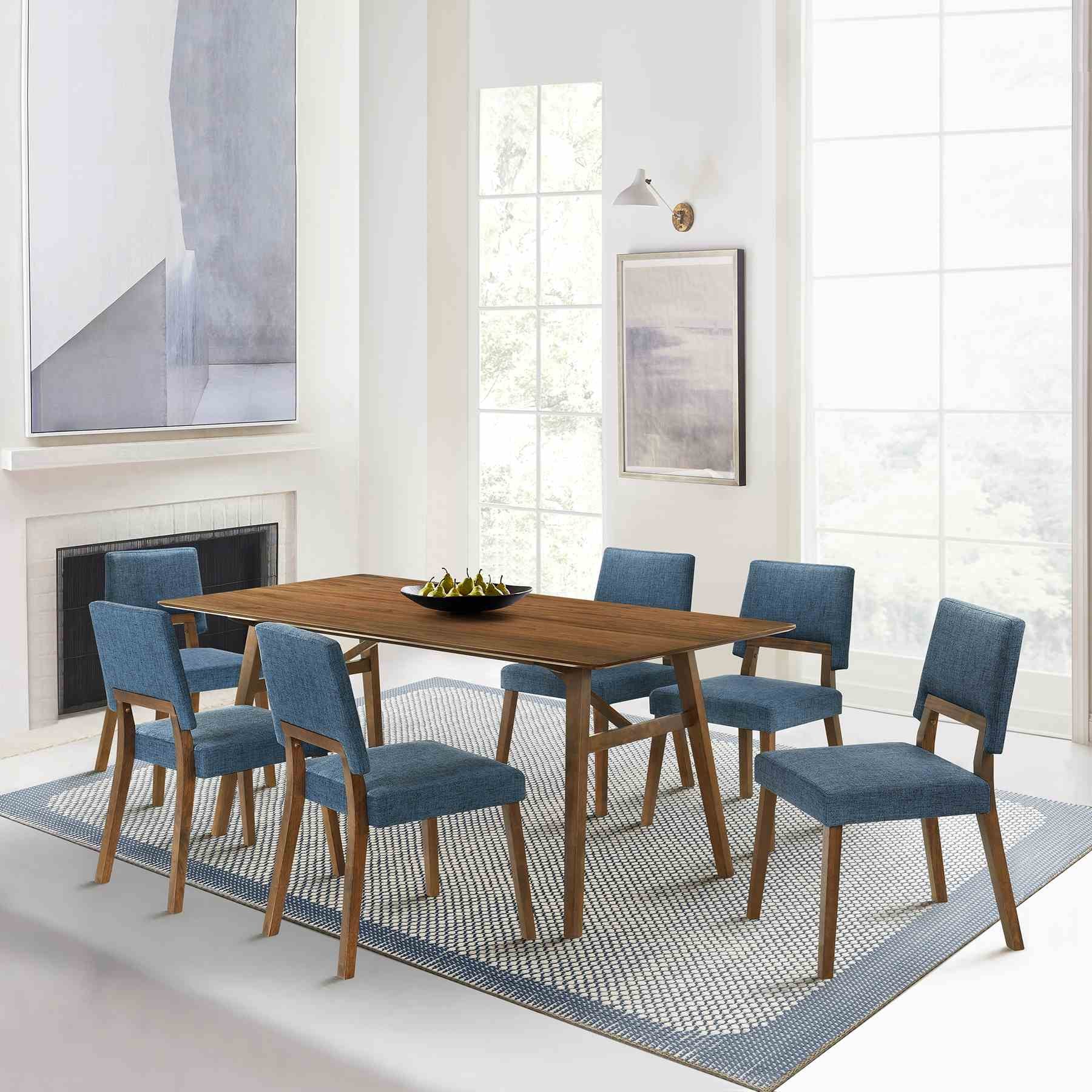 Channell 7 Piece Walnut Wood Dining Table Set with Blue Fabric - Image 11