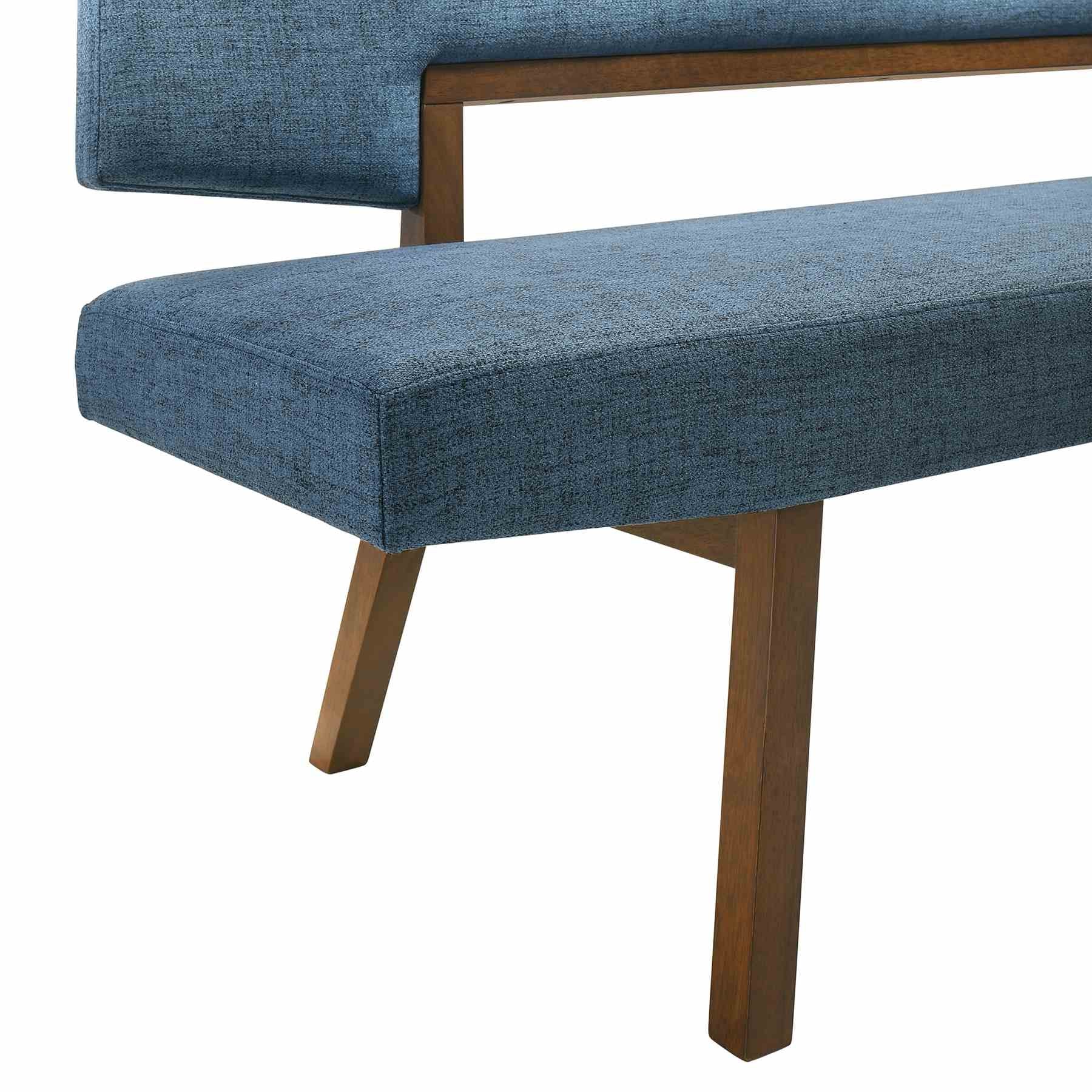 Channell Wood Dining Bench in Walnut Finish with Blue Fabric - Image 5