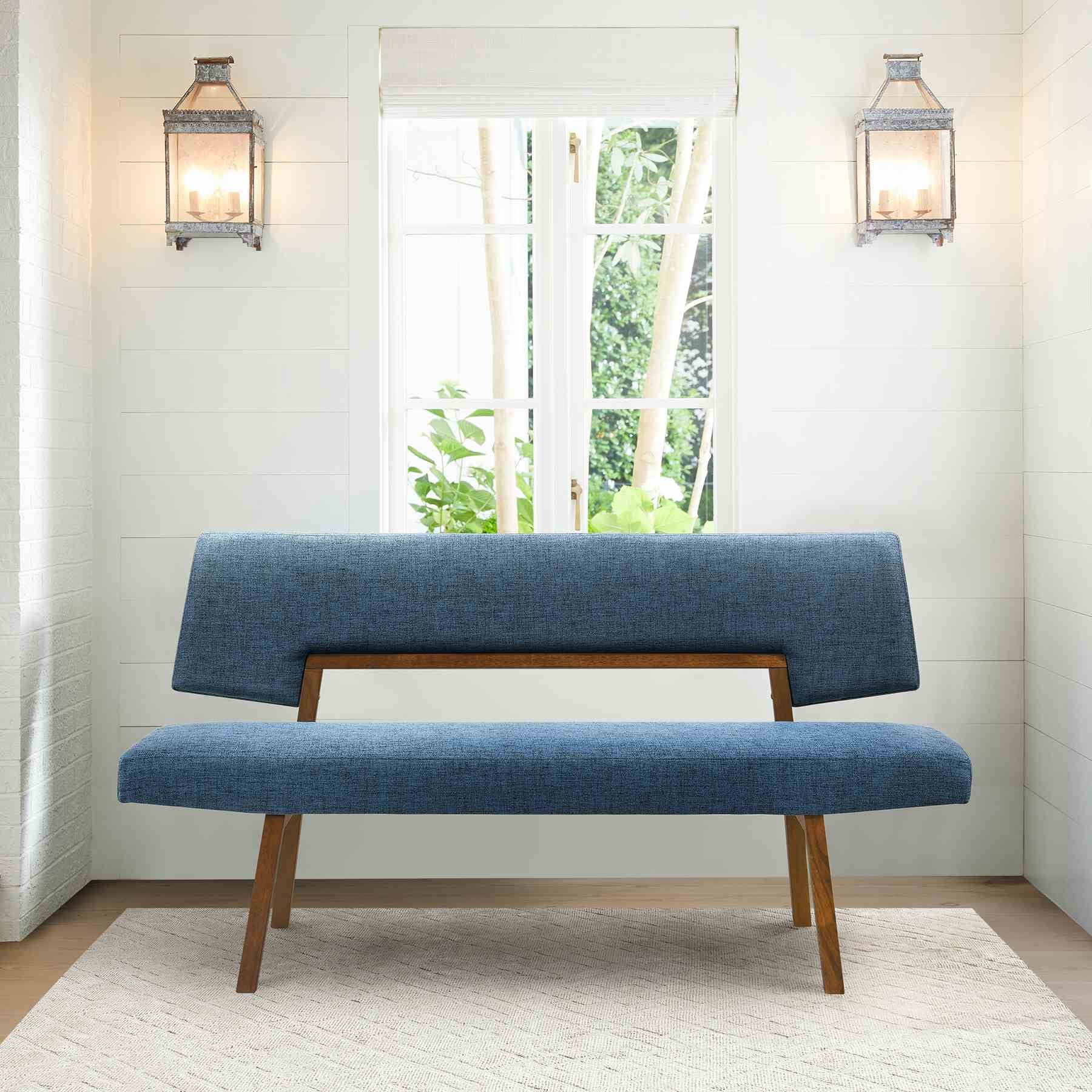 Channell Wood Dining Bench in Walnut Finish with Blue Fabric - Image 7
