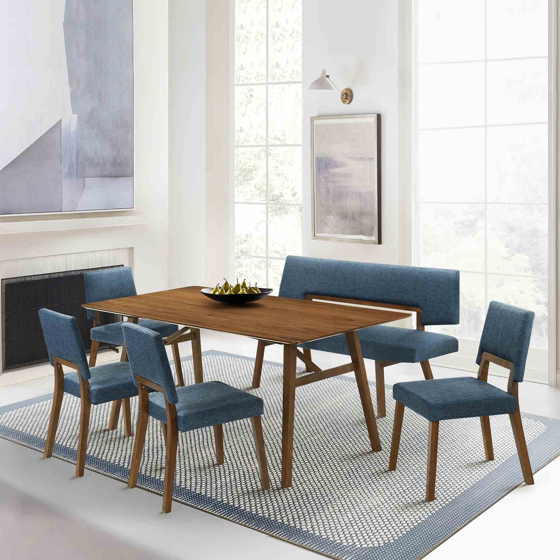 Channell Wood Dining Bench in Walnut Finish with Blue Fabric - Image 8