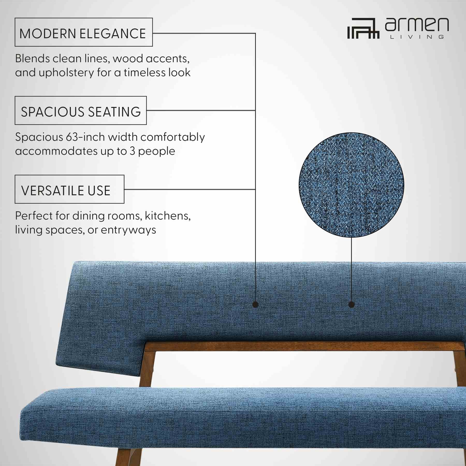 Channell Wood Dining Bench in Walnut Finish with Blue Fabric - Image 9