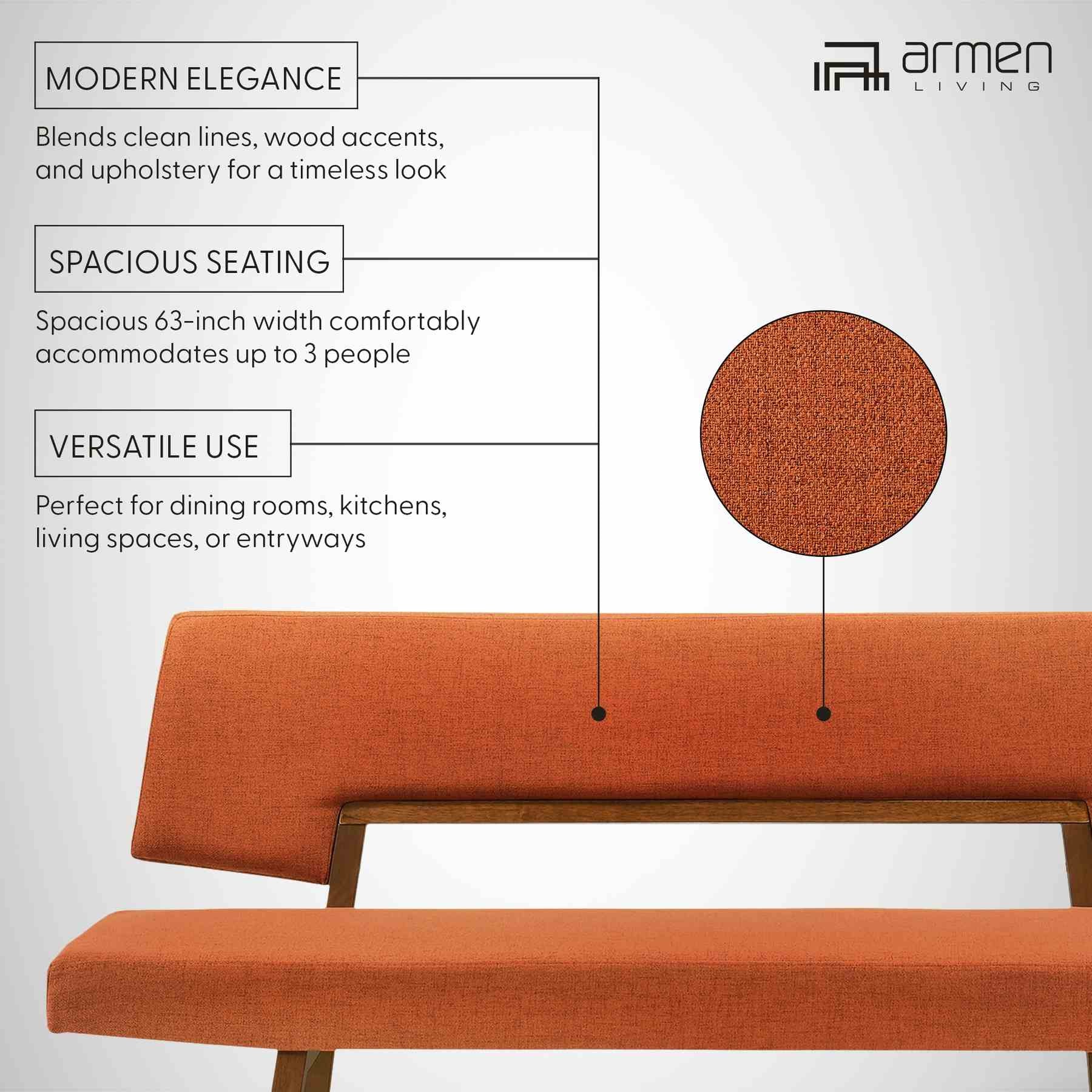 Channell Wood Dining Bench in Walnut Finish with Orange Fabric - Image 9