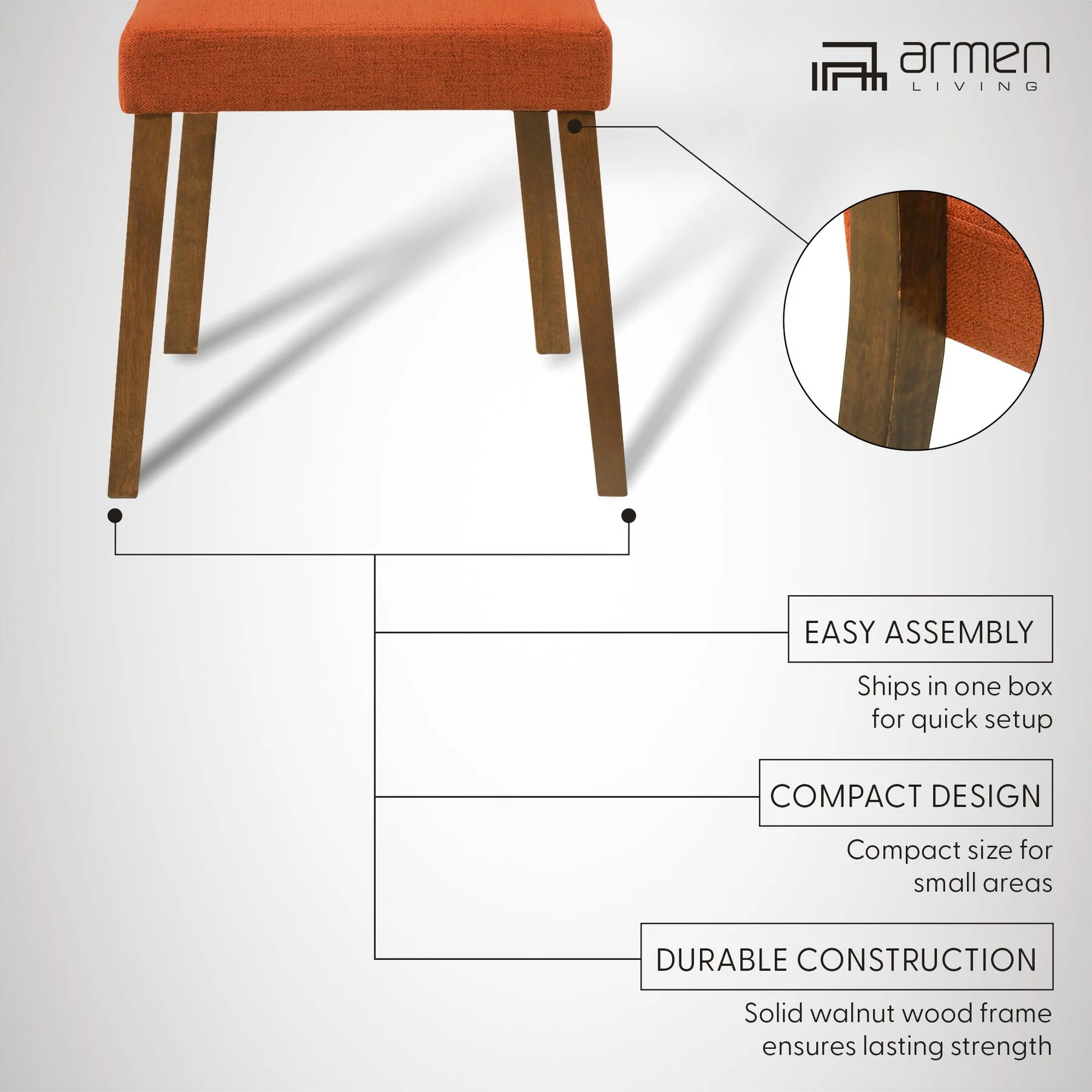 Channell Wood Dining Chair in Walnut Finish with Orange Fabric - Set of 2 - Image 11