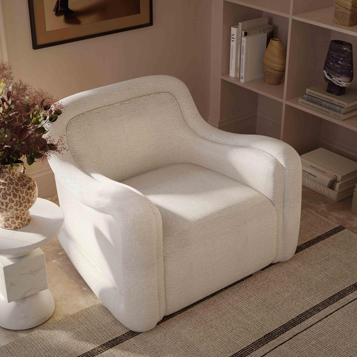 Charli Cream Basketweave Chenille Swivel Chair - Image 2