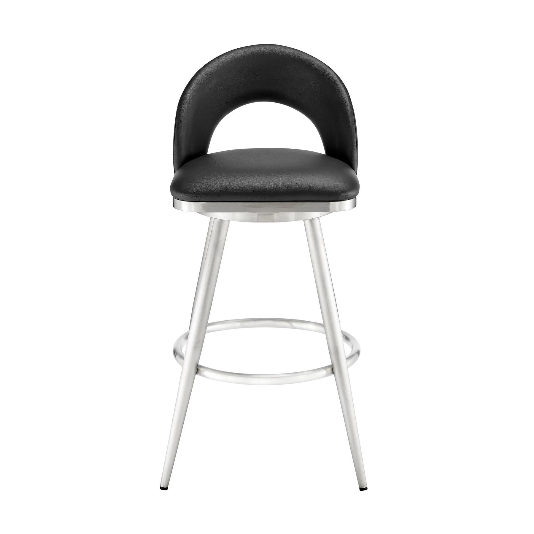 Charlotte 26" Swivel Counter Stool in Brushed Stainless Steel and Black Faux Leather - Image 2