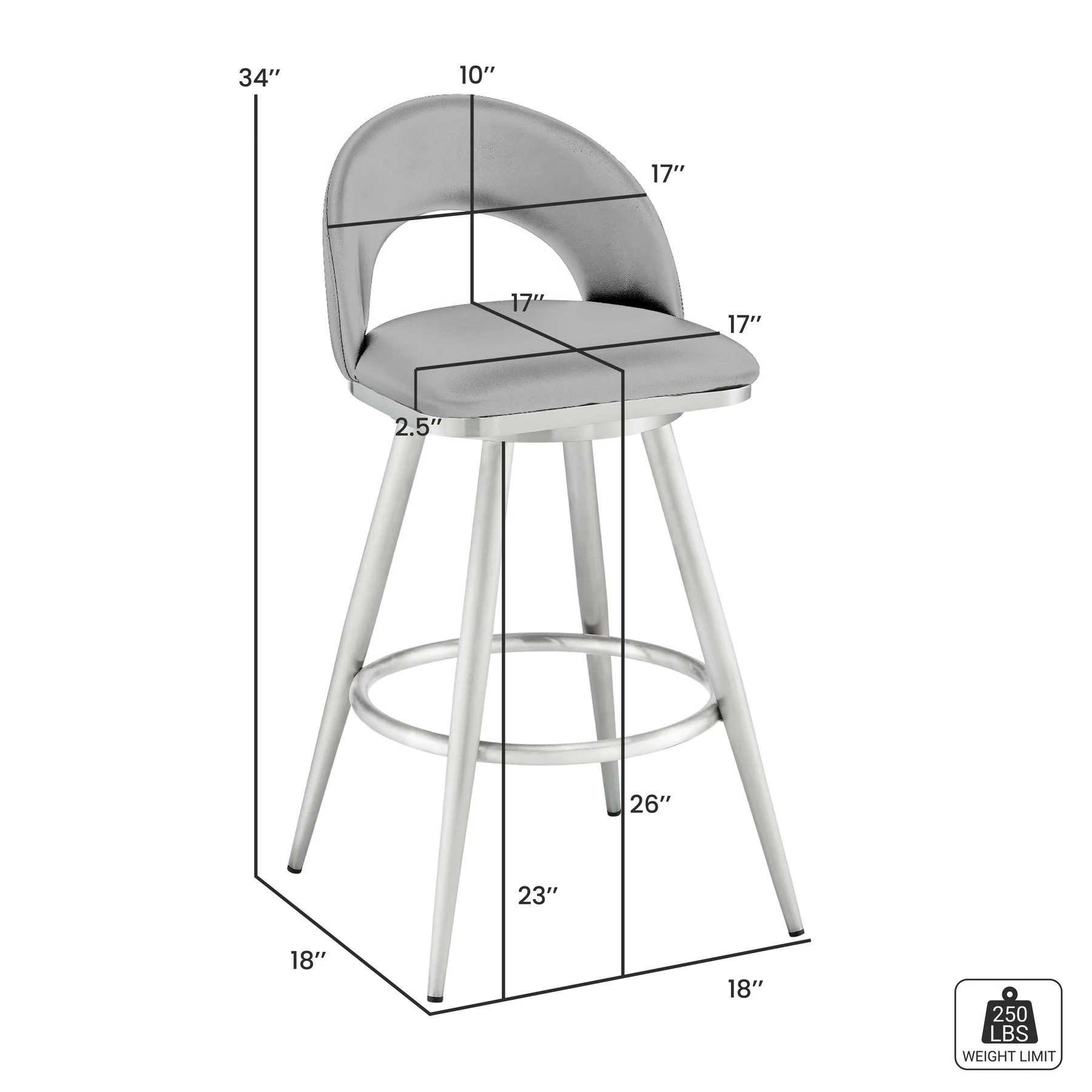 Charlotte 26" Swivel Counter Stool in Brushed Stainless Steel and Black Faux Leather - Image 8